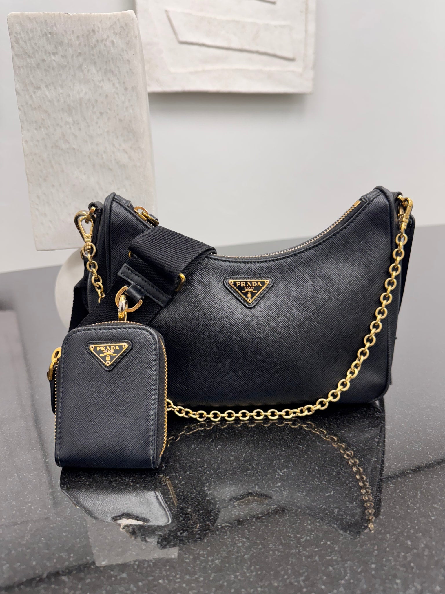 Prada Black Saffiano Leather Re-Edition 2005 Crossbody Bag 