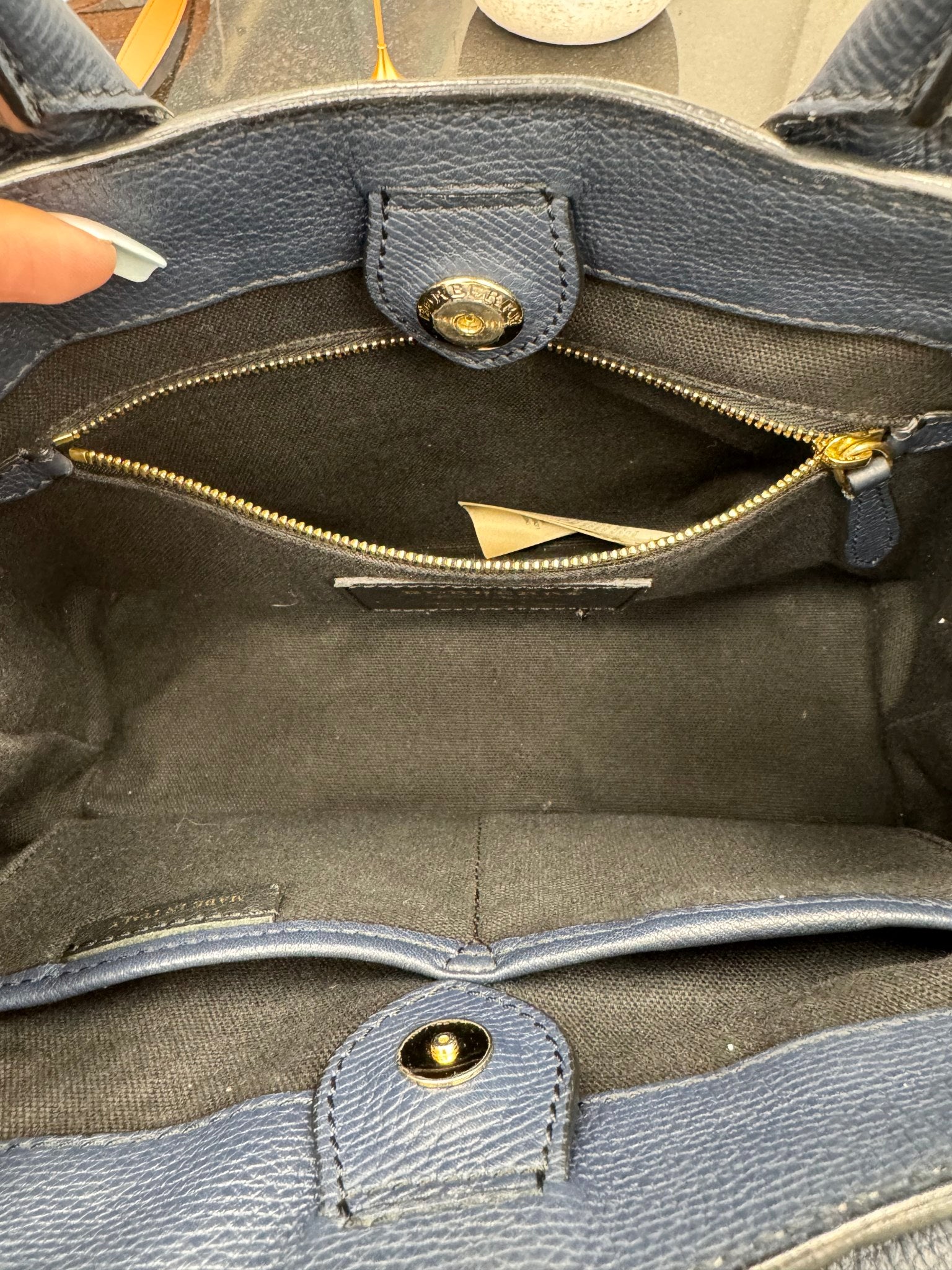 Burberry Navy Blue Grained Leather Small Tote Bag