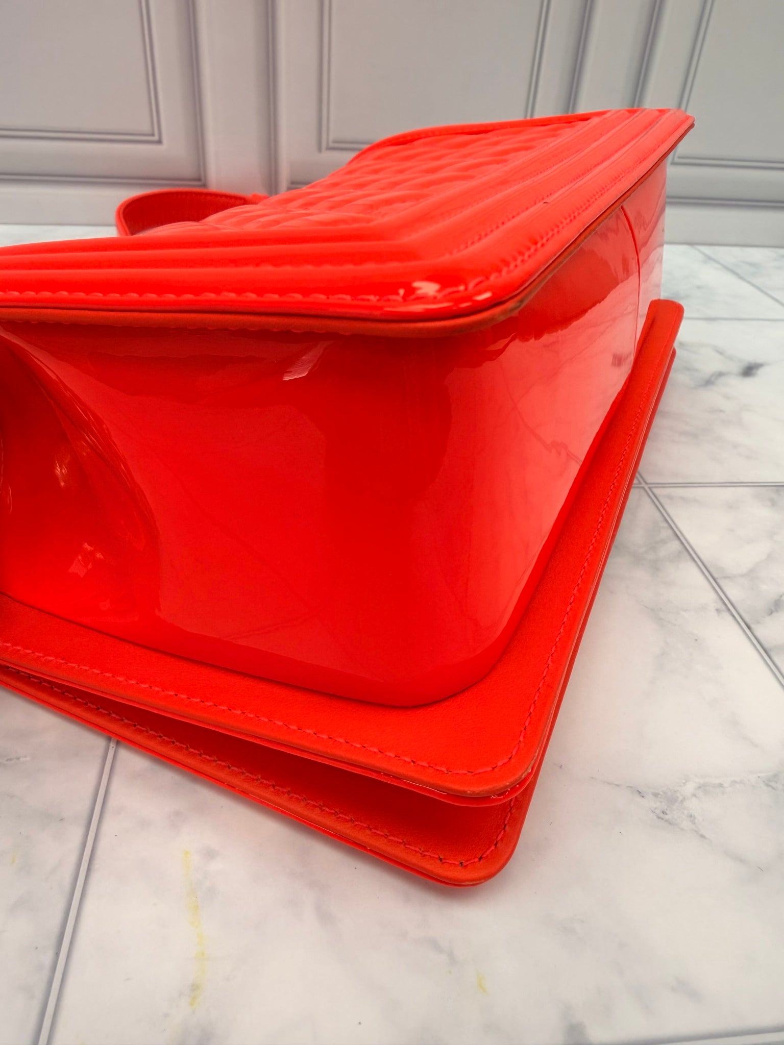 Chanel Neon Orange Quilted Patent Leather Medium Boy Bag