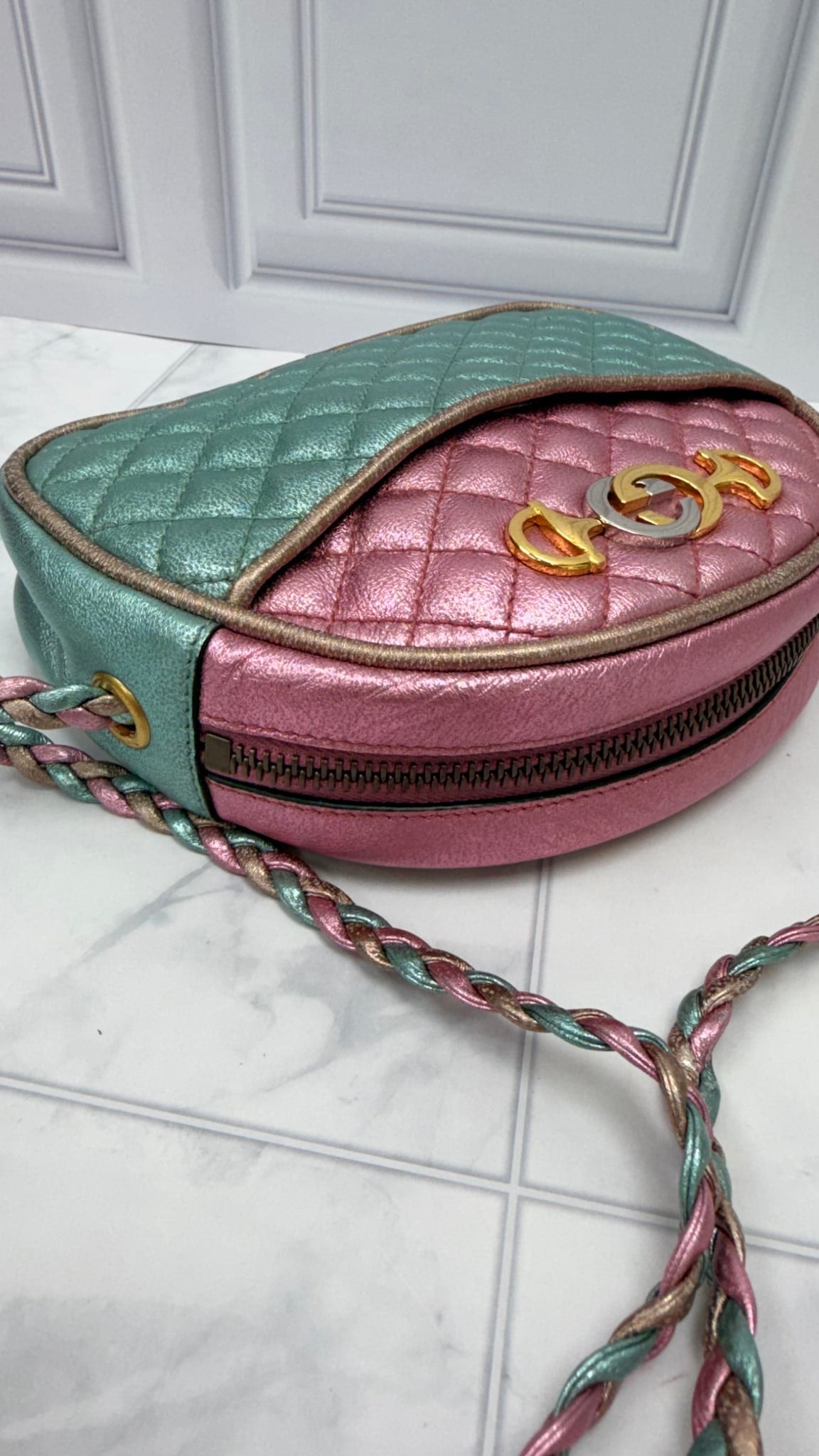 Gucci Teal & Pink Quilted Metallic Leather Mini Zumi Dome Crossbody