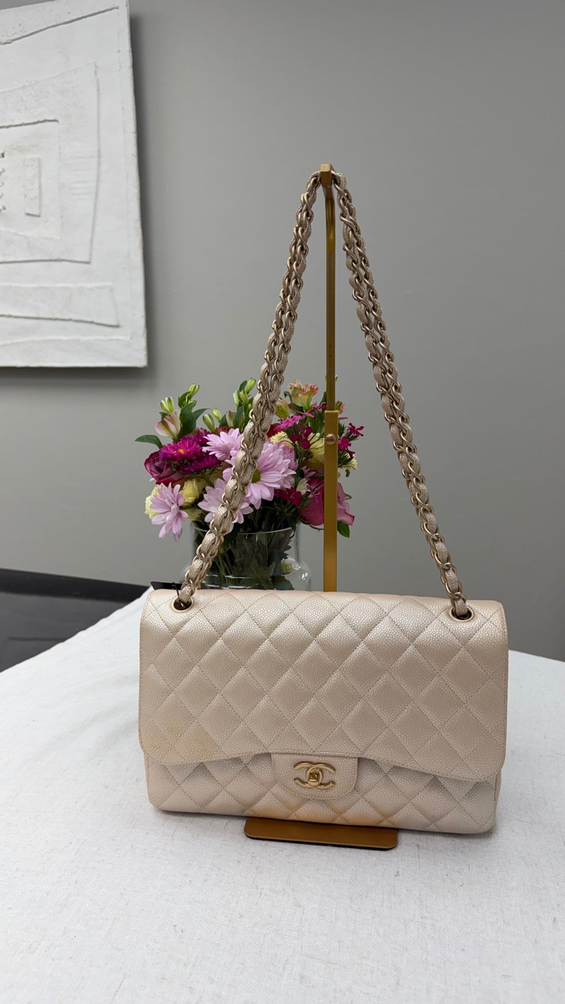 Chanel Beige Iridescent Caviar Leather Classic Flap Bag 