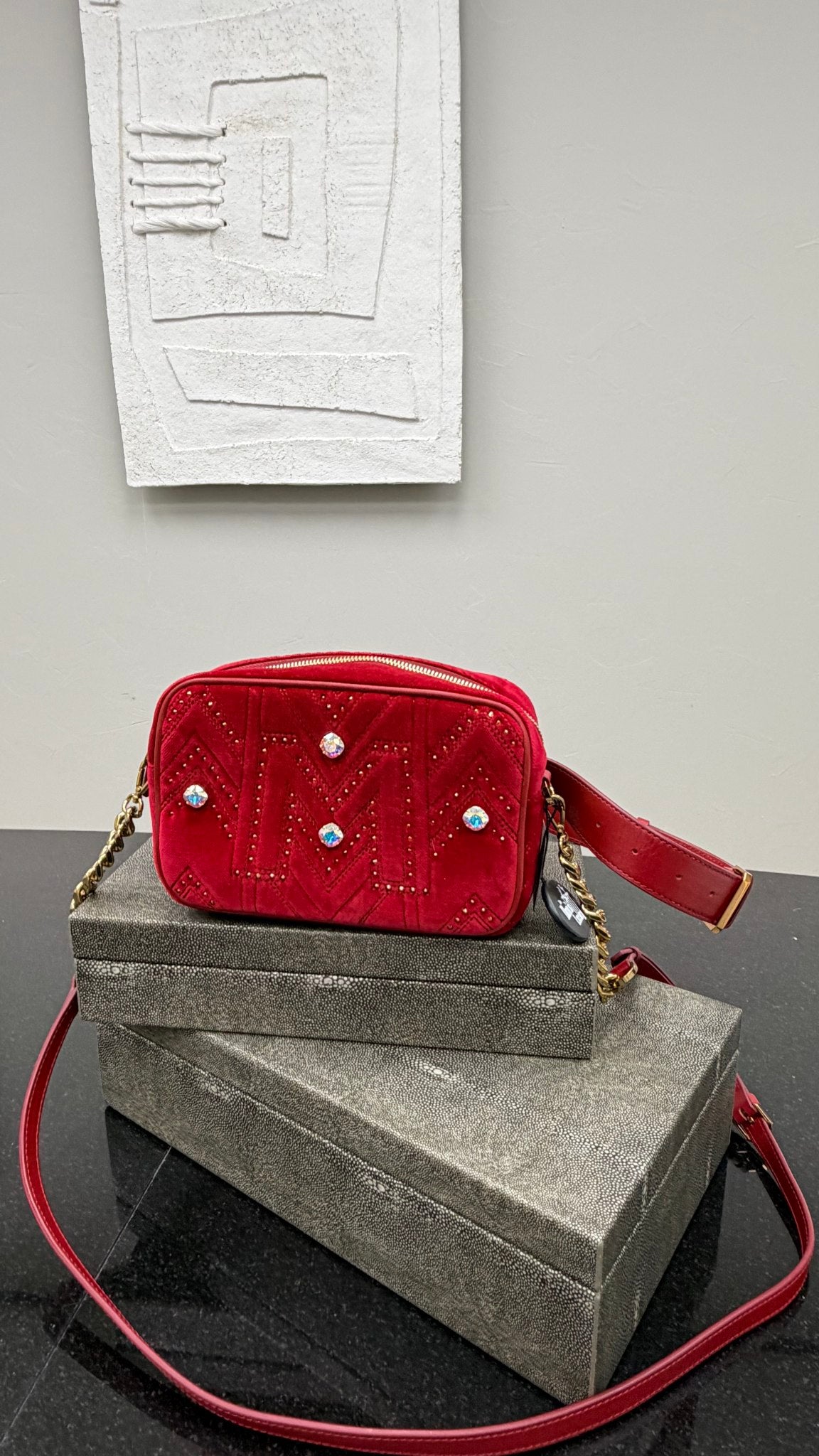 LIKE NEW - MCM Red Velvet Crystal Stud 2Way Crossbody Belt Bag