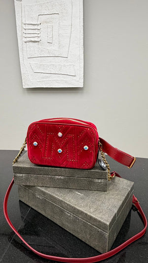 LIKE NEW - MCM Red Velvet Crystal Stud 2Way Crossbody Belt Bag
