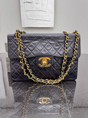 Chanel Vintage Black Quilted Calfskin Leather 24k Jumbo Classic Flap Bag