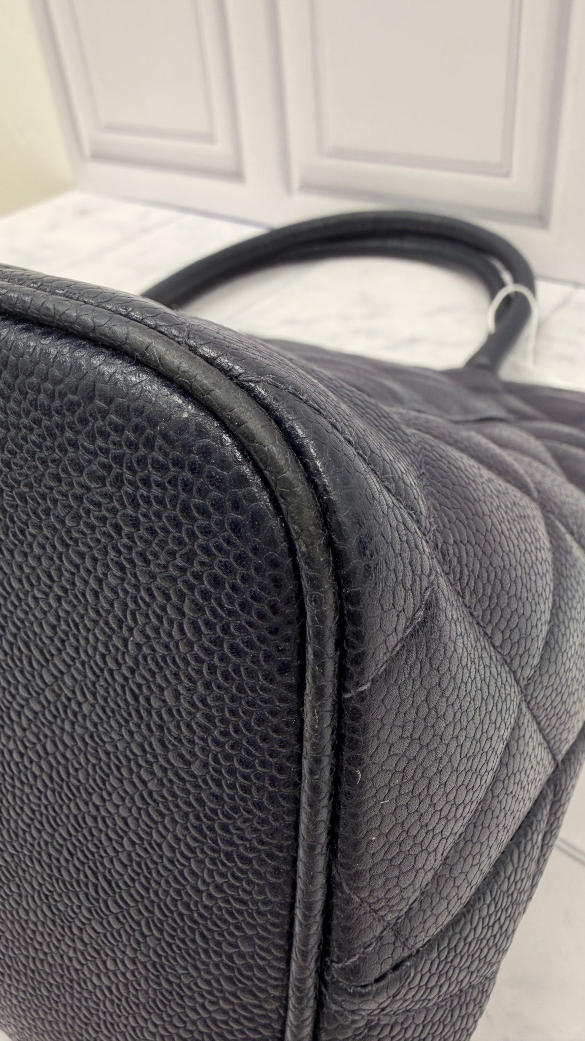 Chanel Navy Quilted Caviar Leather Medallion Tote Bag
