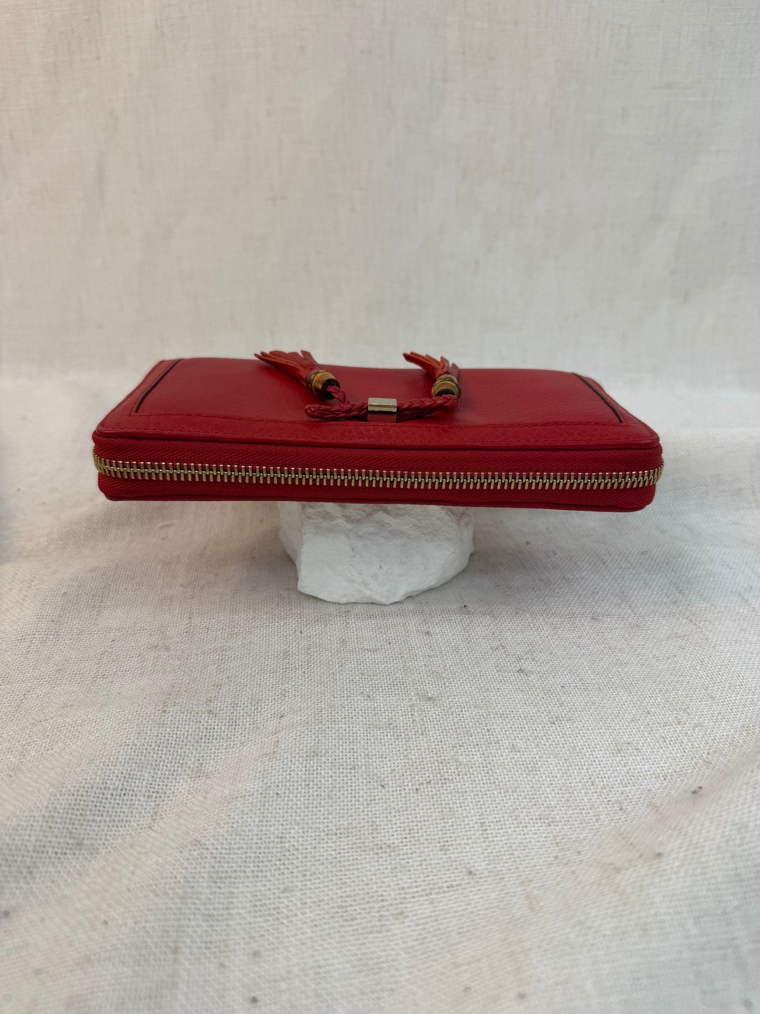 Gucci Red Leather Bamboo Tassel Zippy Wallet