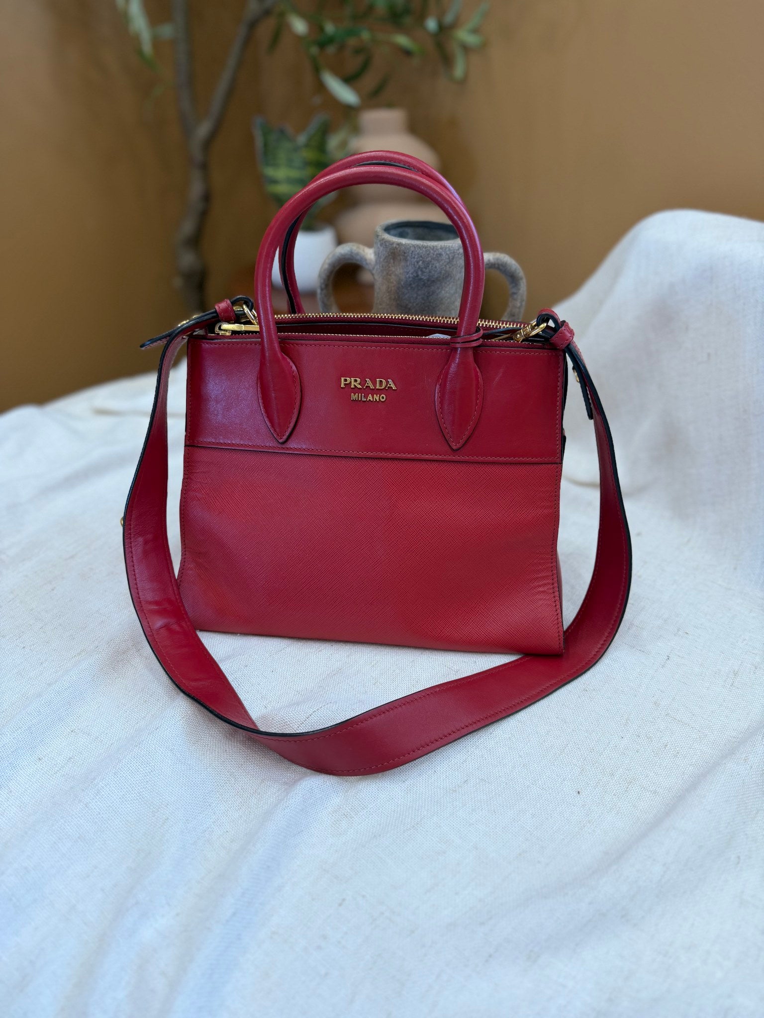 Prada Red Saffiano Leather 2way Double Zip Tote