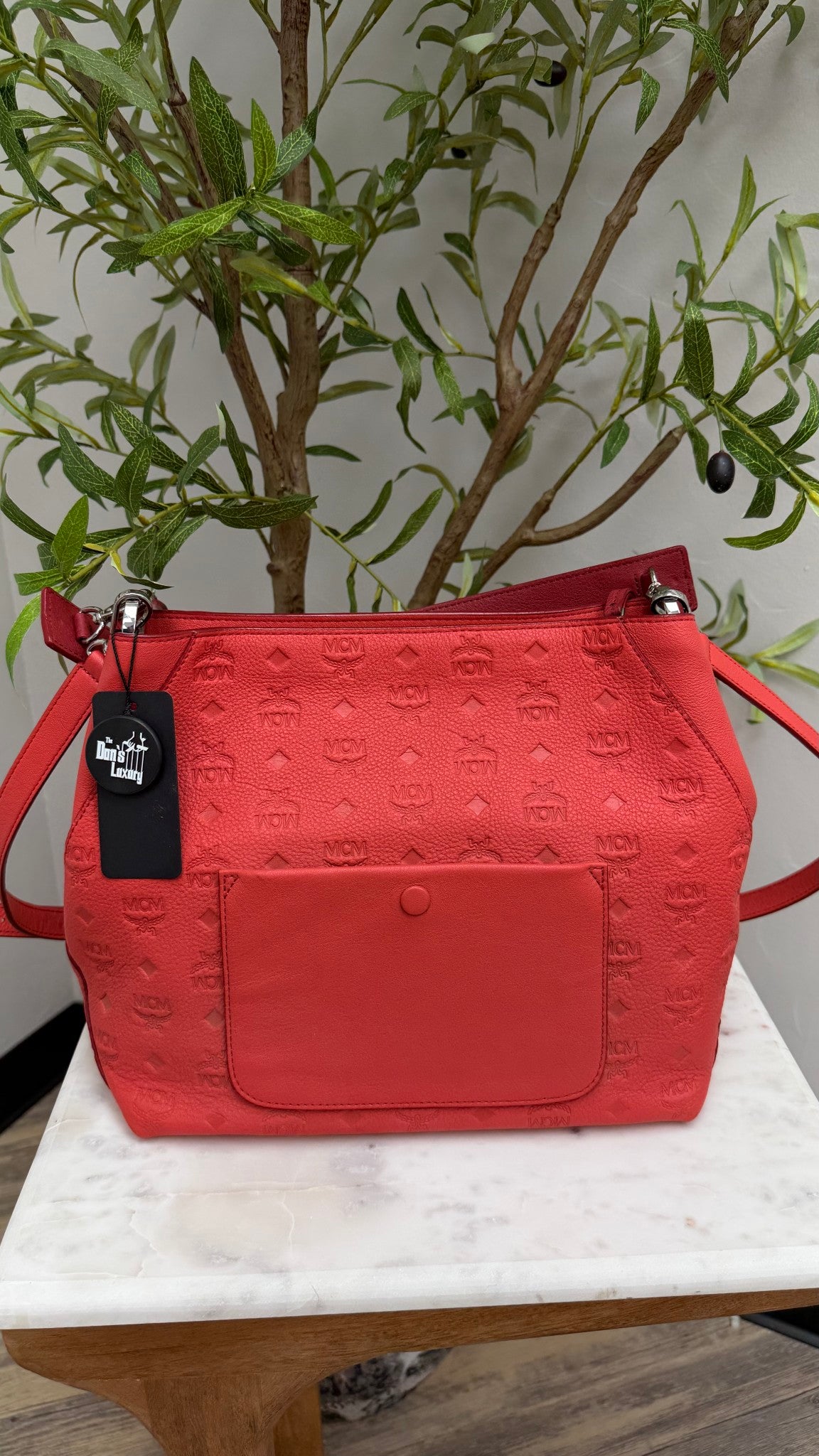 MCM Red Visetos Embossed Leather Klara Hobo Bag