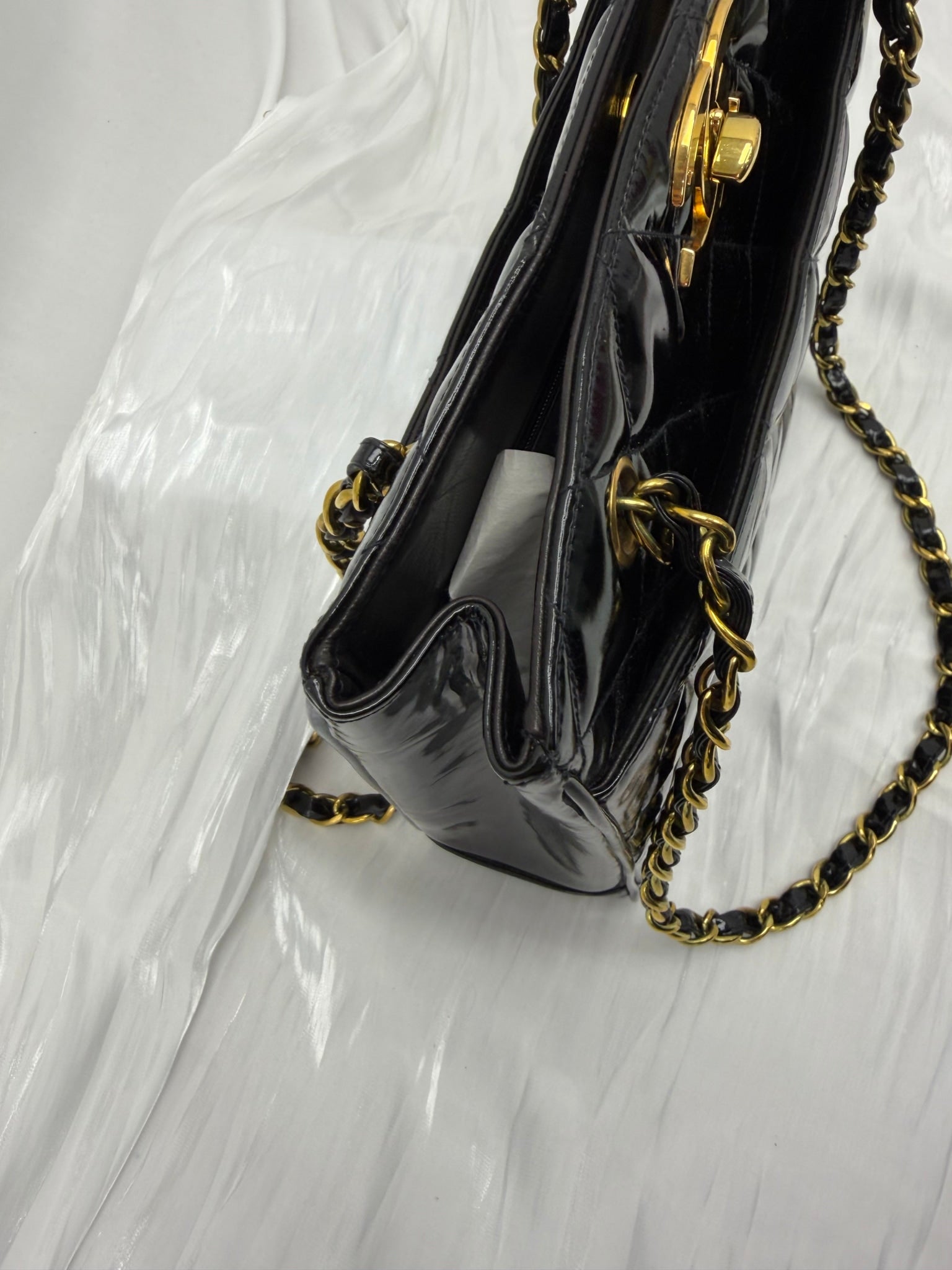Chanel Black Patent Leather 24K XL Turnlock Chain Tote