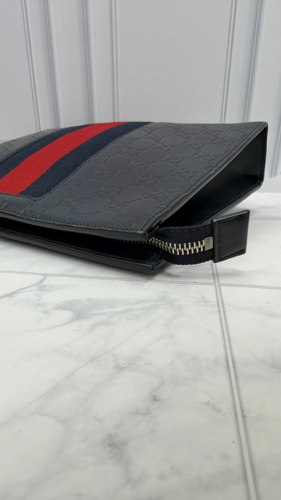 Gucci Navy Blue Guccissima Leather Web Pouch