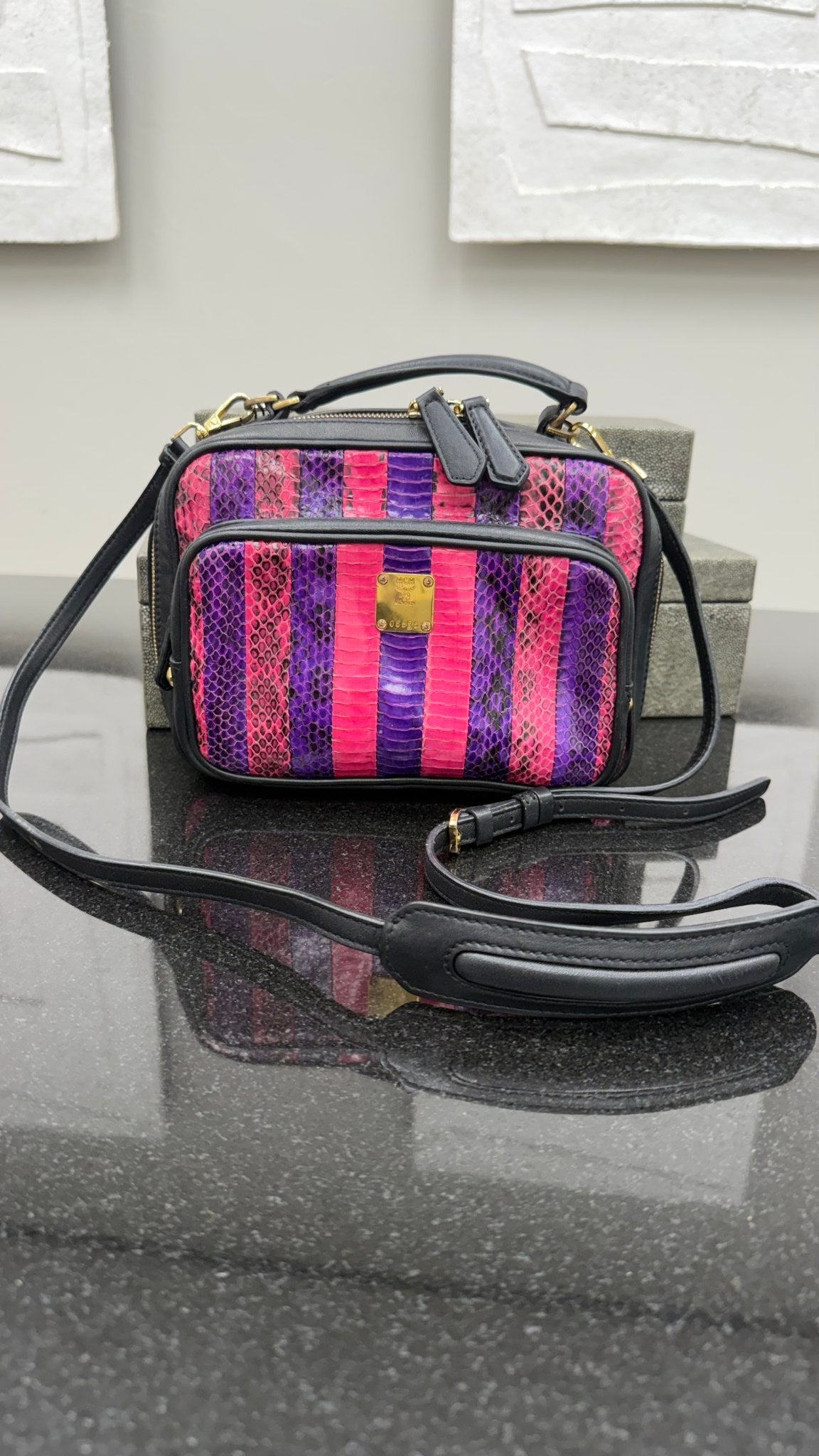 MCM Pink & Purple Striped Snakeskin & Black Leather 2Way Bag