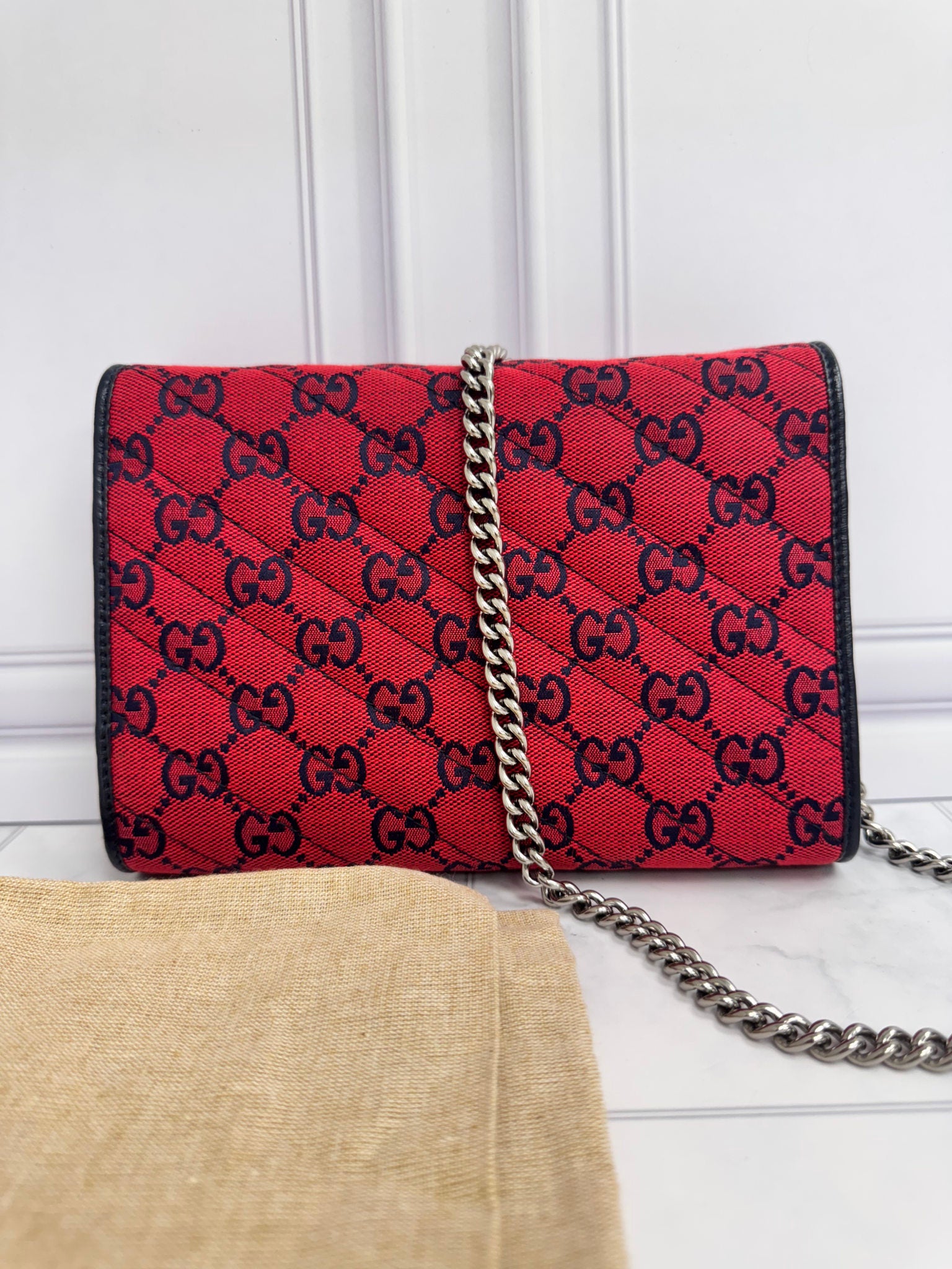 Gucci Red Marmont Quilted Canvas Wallet On A Chain