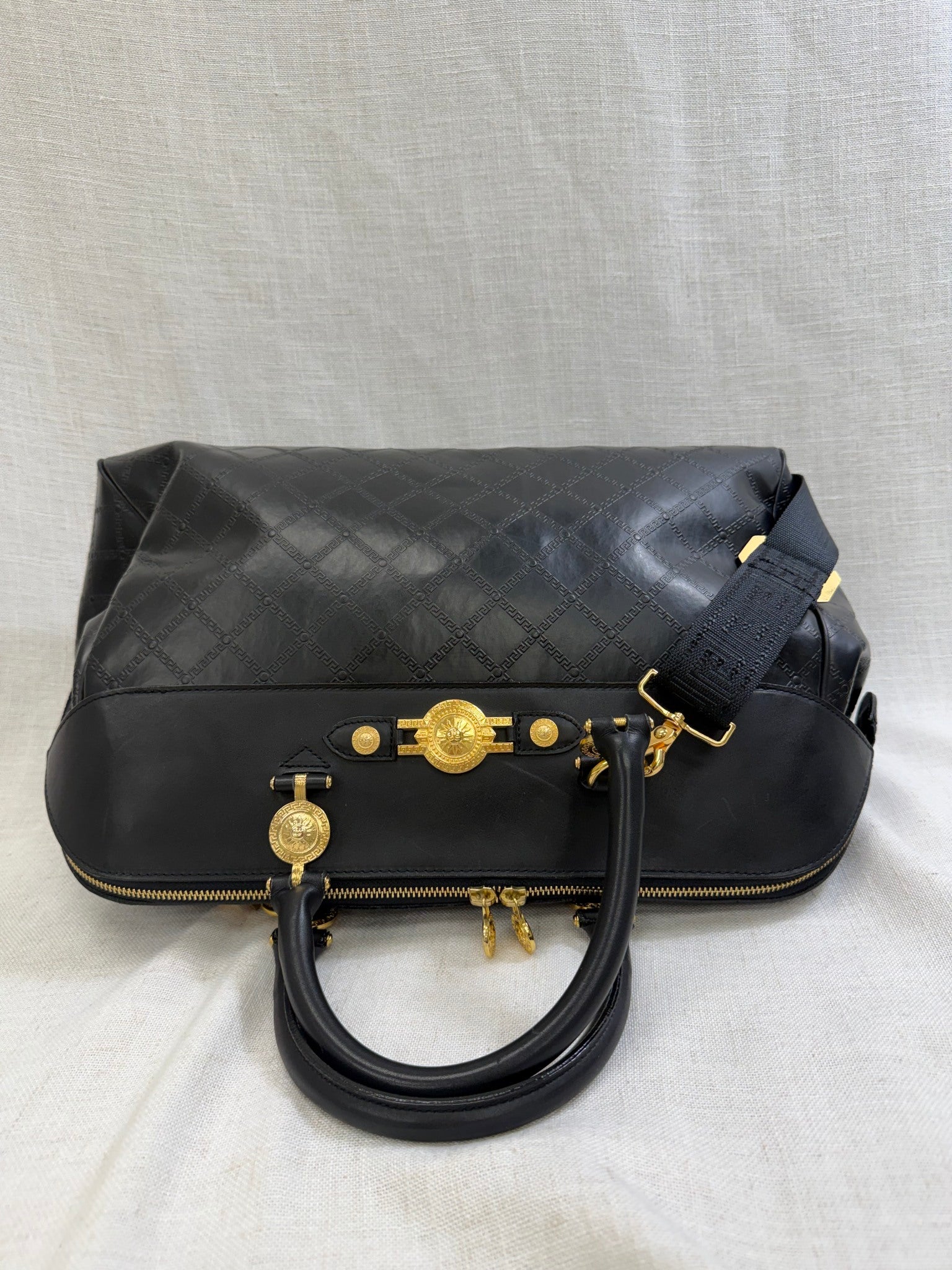 Versace Black Leather Sunburst Boston Bag 