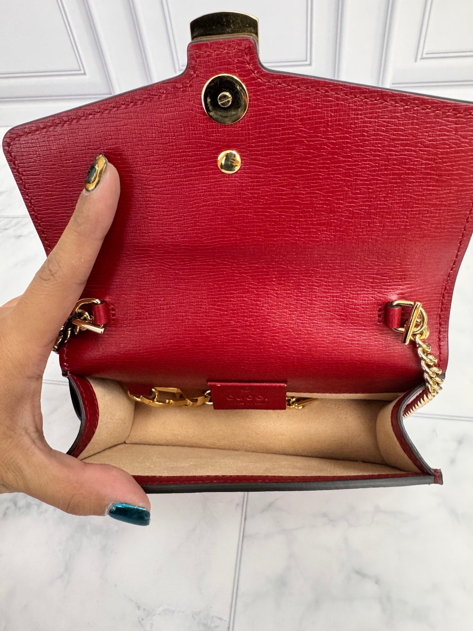 Gucci Red & Gold Printed Leather Web Sylvie Super Mini Crossbody Bag