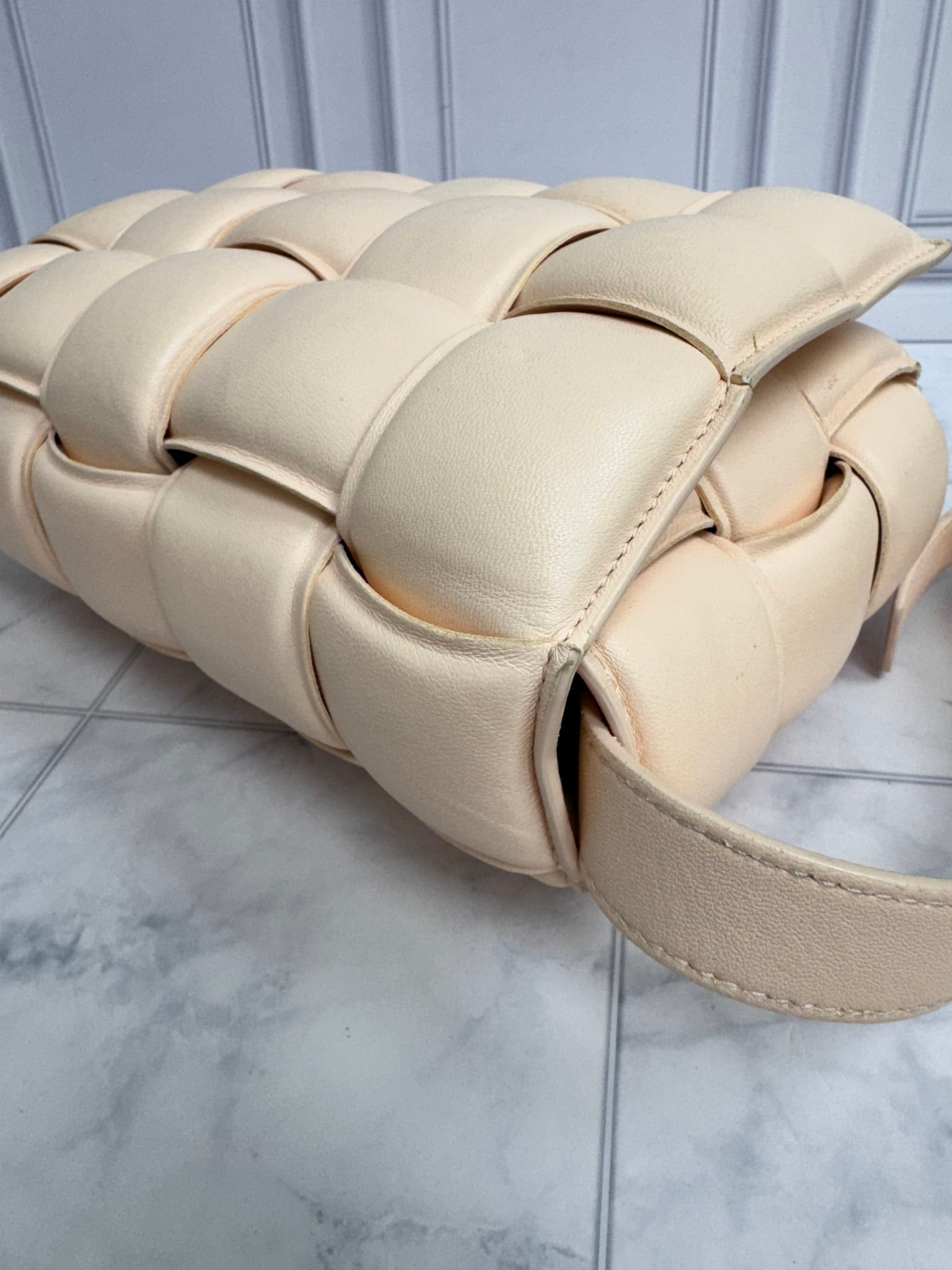 Bottega Veneta Light Peach Padded Maxi Intrecciato Leather Cassette Crossbody Bag