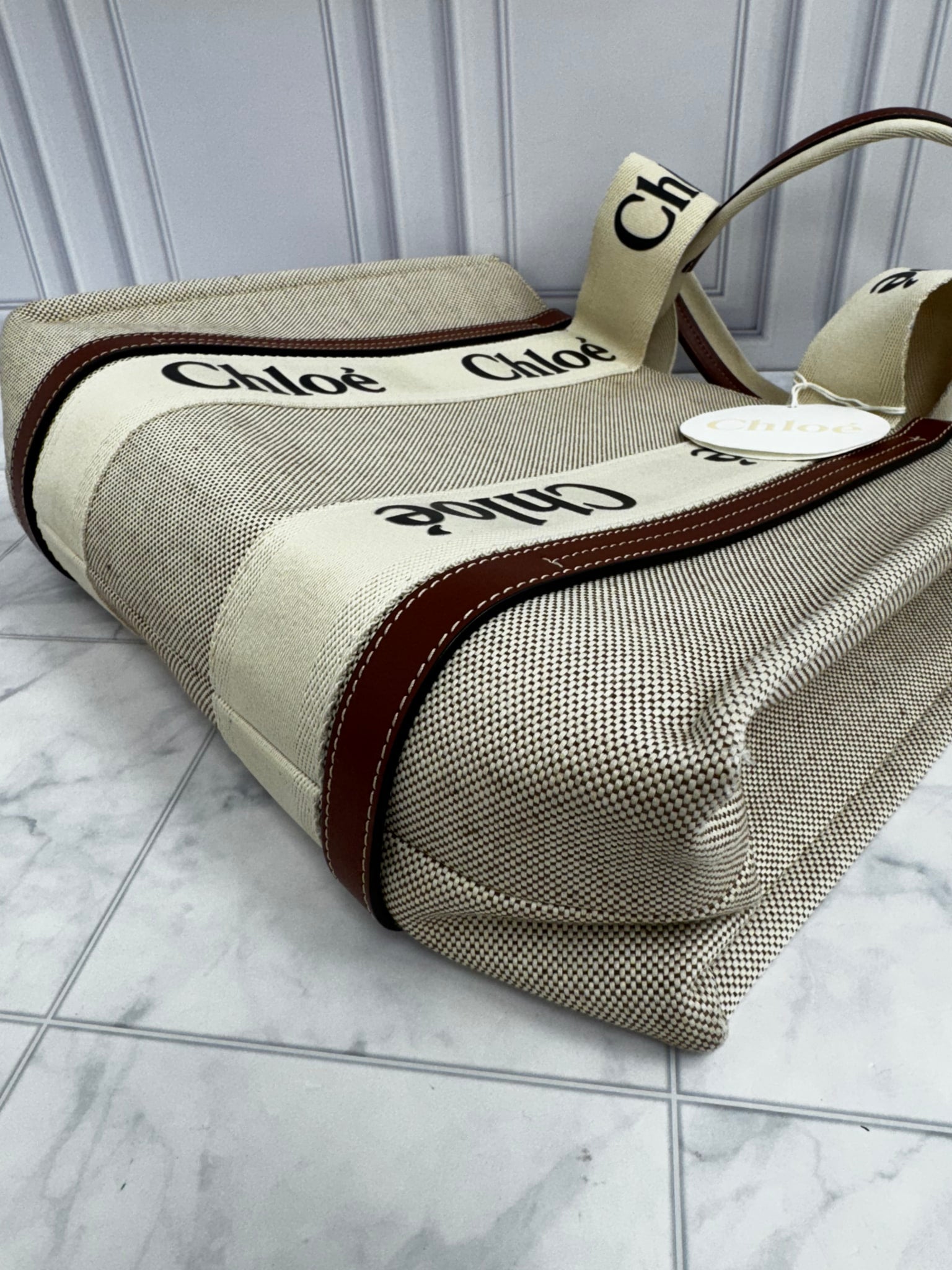 Chloe Beige Canvas Woody Medium Tote Bag