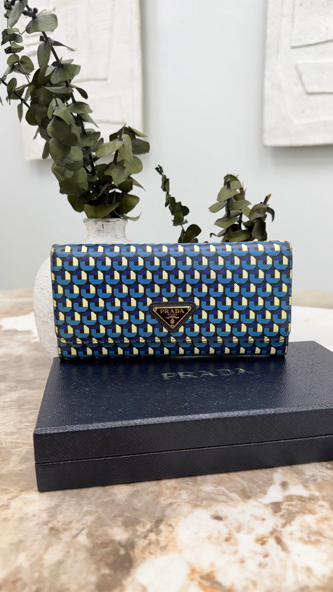 Prada Blue Multicolor Saffiano Leather Geometric Print Long Wallet 