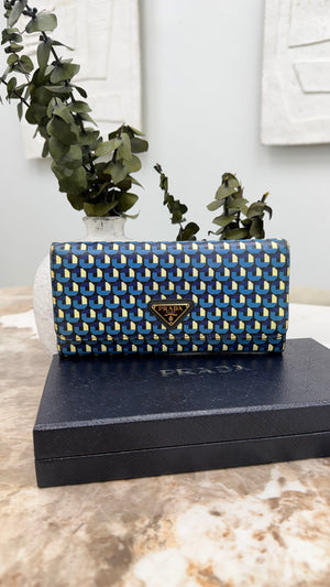 Prada Blue Multicolor Saffiano Leather Geometric Print Long Wallet