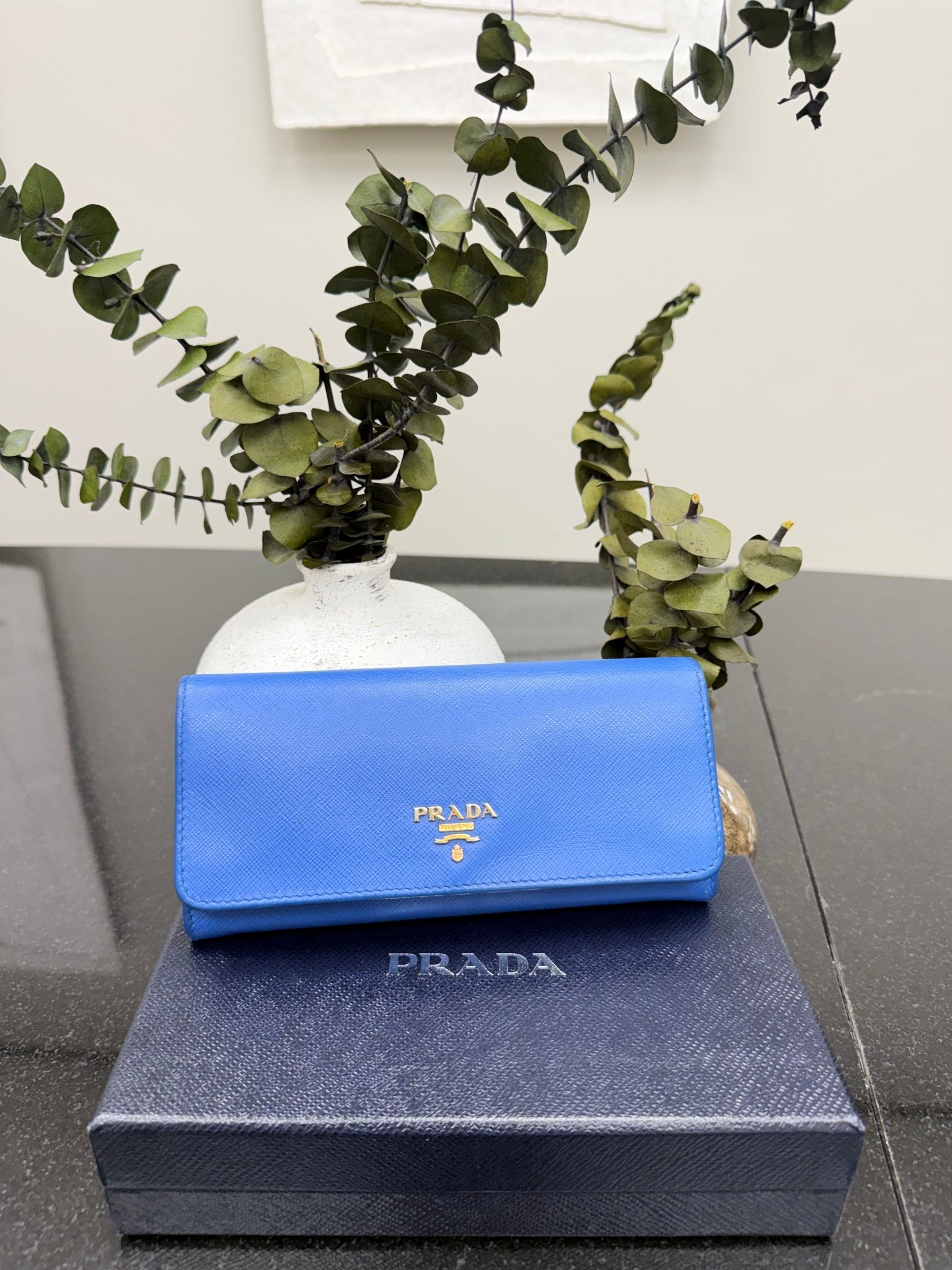 Prada Blue Saffiano Leather Flap Long Wallet 