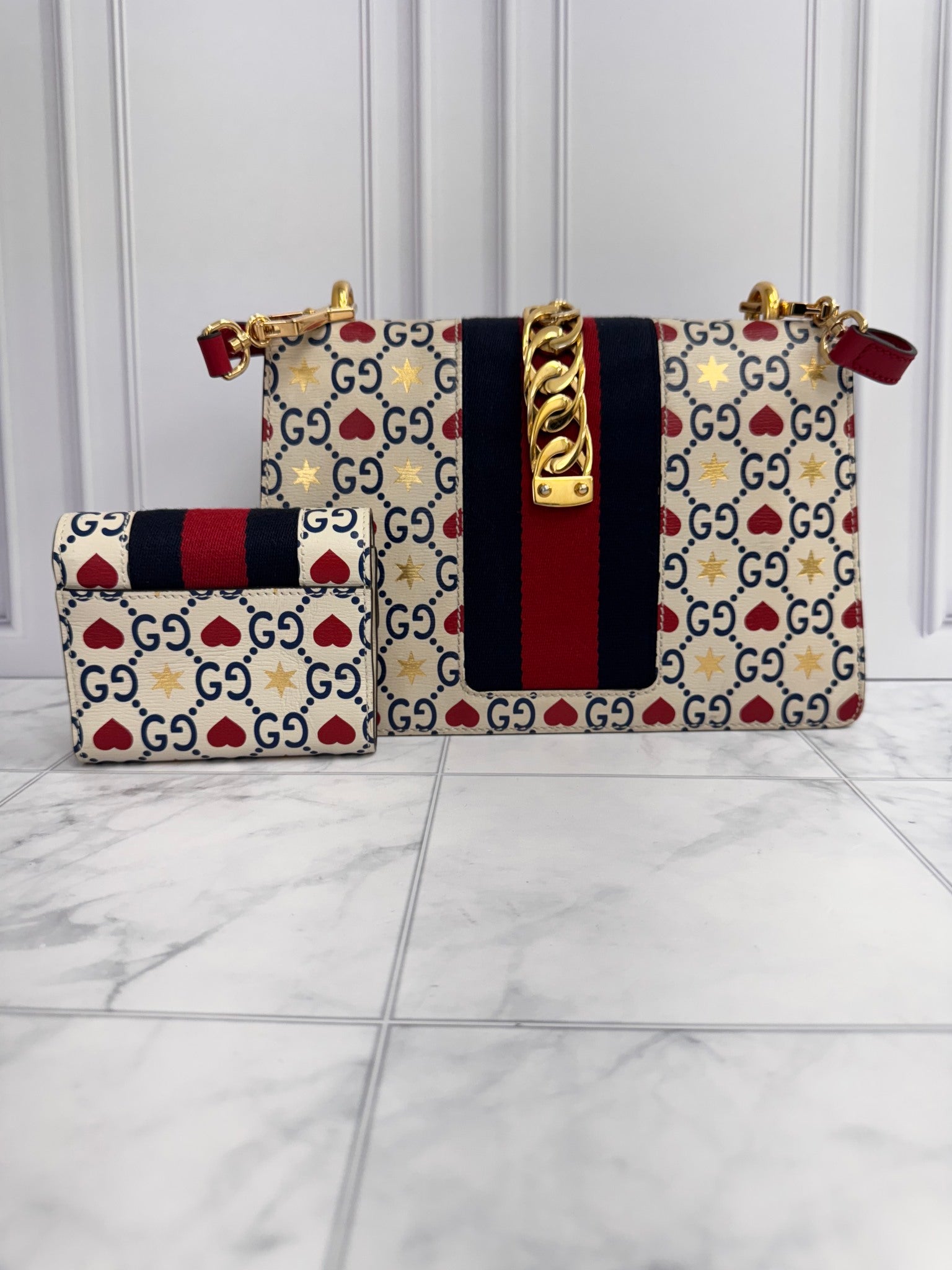 Gucci Beige Leather And Web Limited Edition Valentines Sylvie Crossbody And Compact Wallet Set
