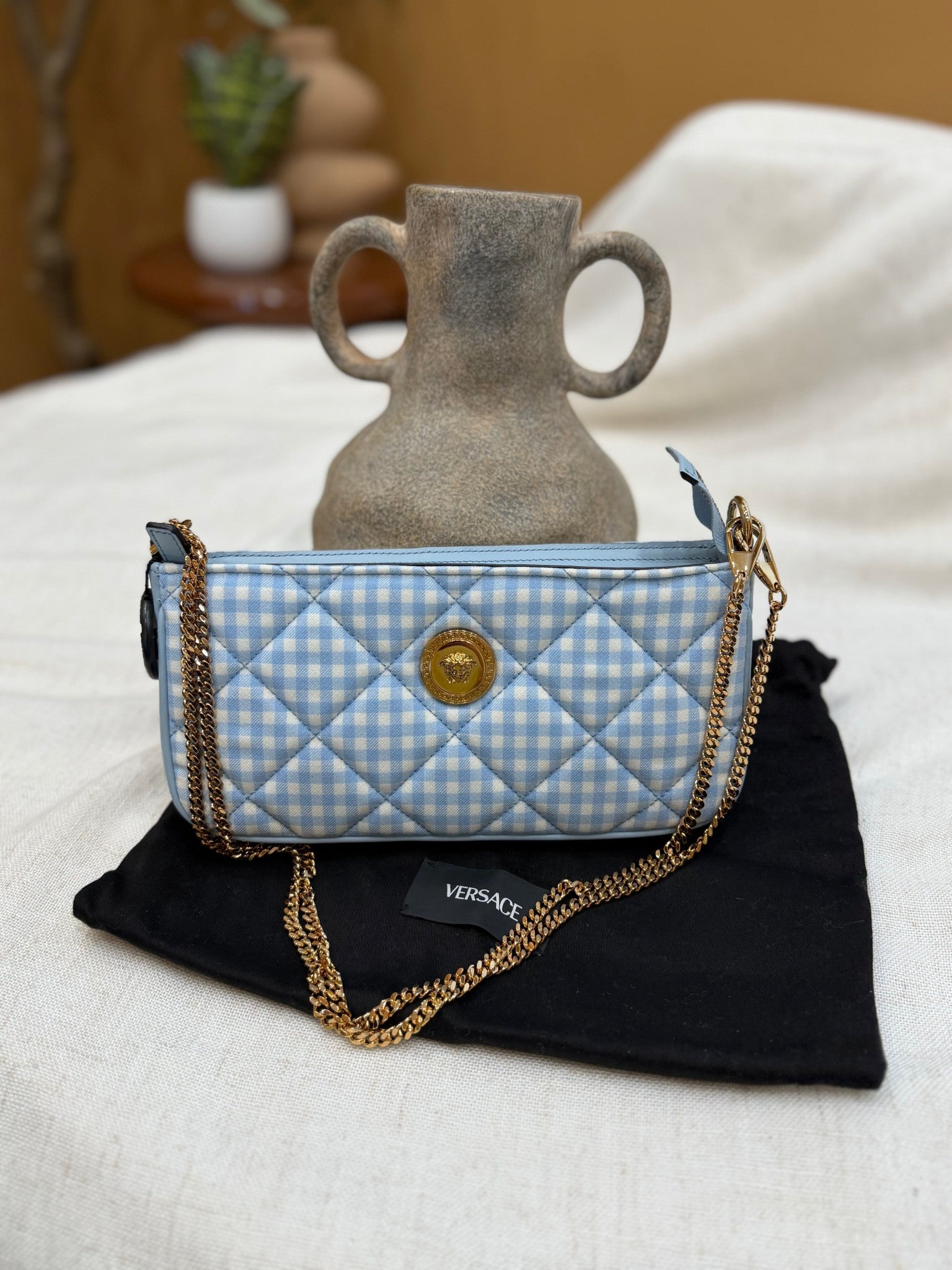 BRAND NEW- Versace Blue Gingham Canvas Pochette Crossbody