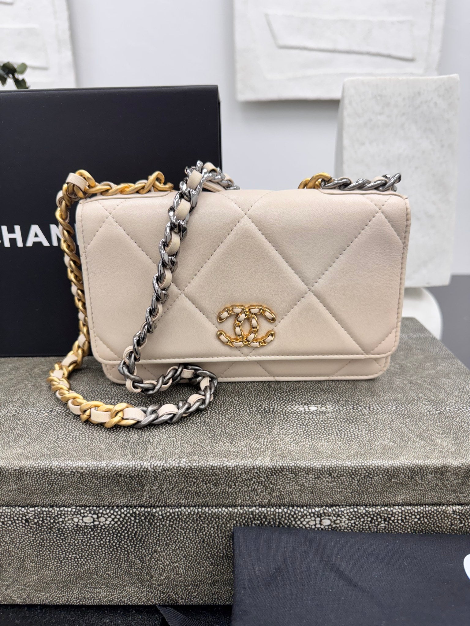 Chanel 19 Ivory Quilted Lambskin Wallet On A Chain