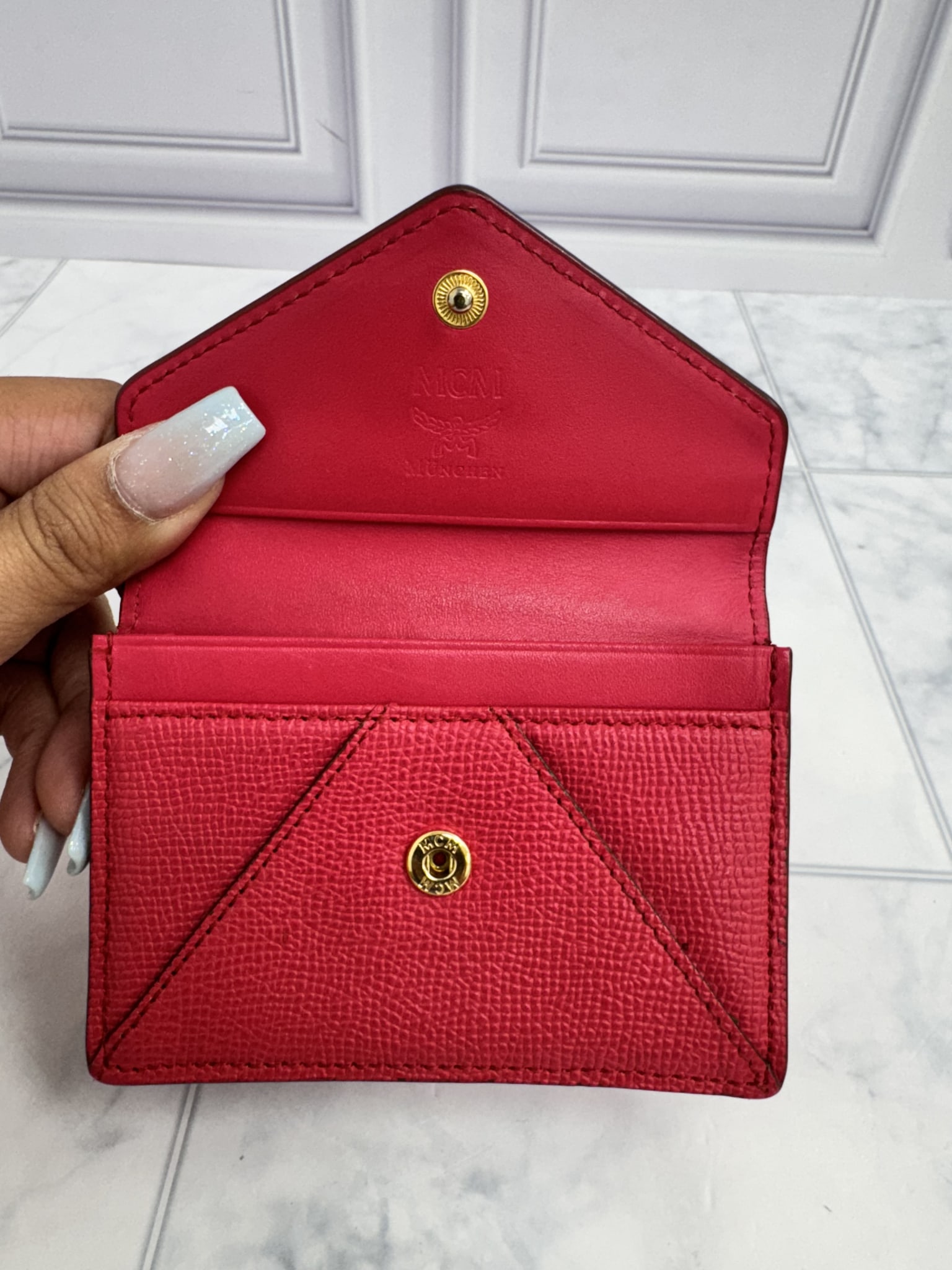 MCM Red Grained Leather Envelope Card Case