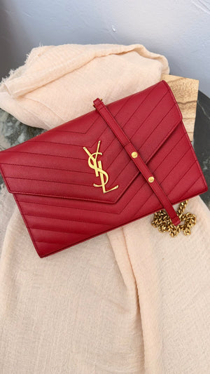 Saint Laurent YSL Red Grained Leather Wallet on A Chain