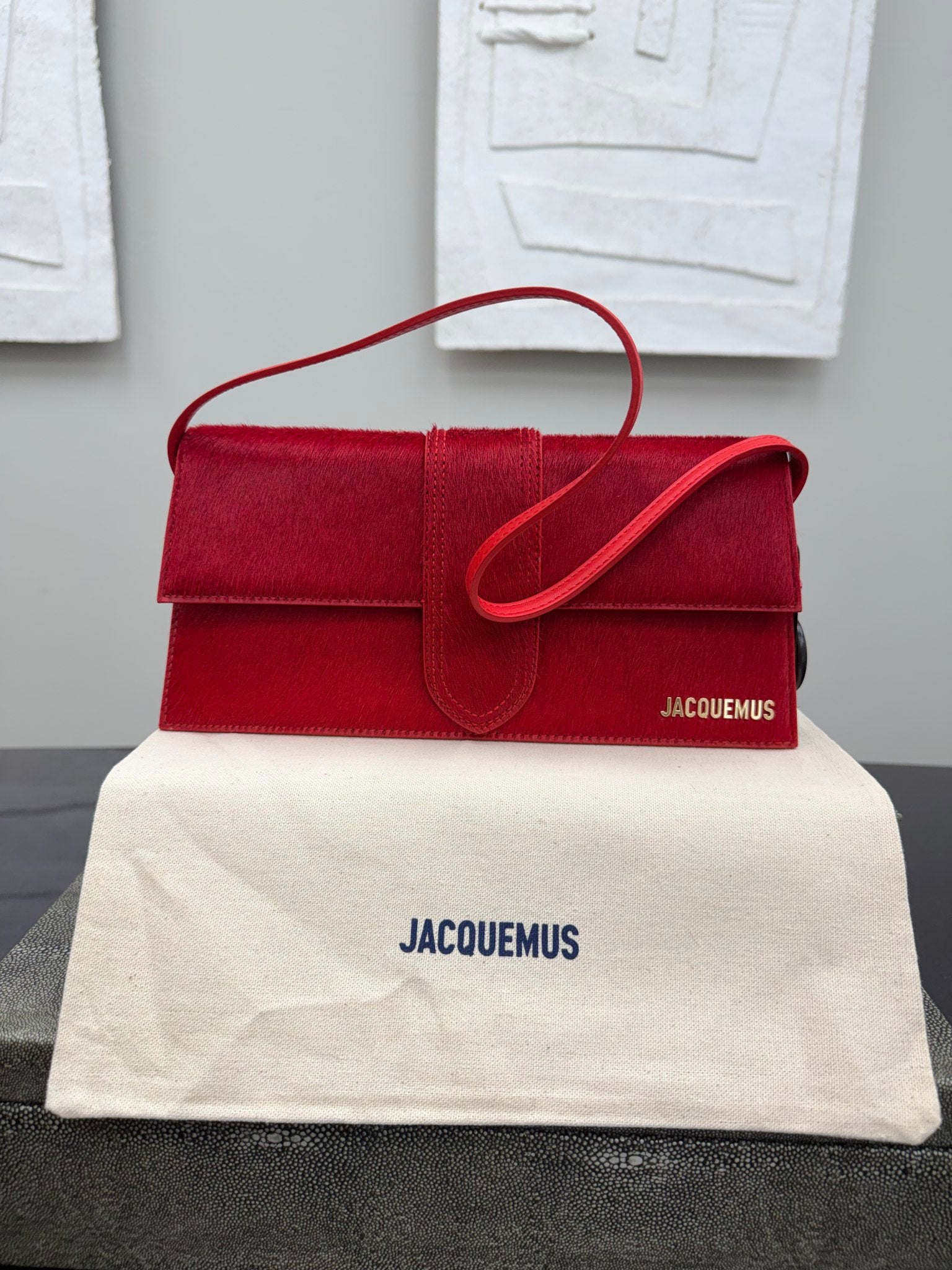 BRAND NEW - Jacquemus Red Pony Hair Le Bambino Long Shoulder Bag