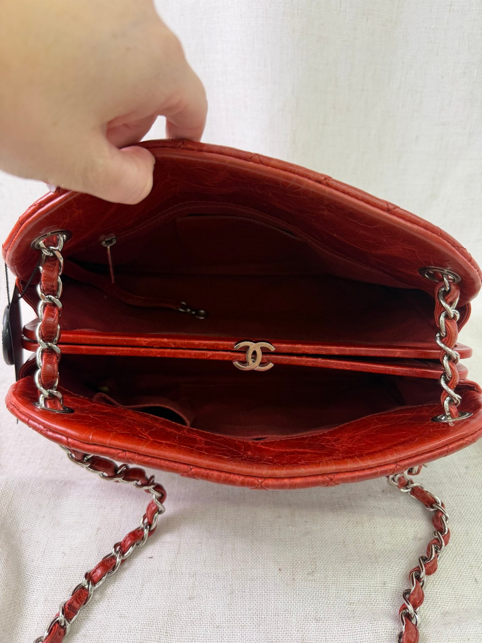 Chanel Red Glazed  Calfskin Quilted Medium Just Mademoiselle Bowling Bag