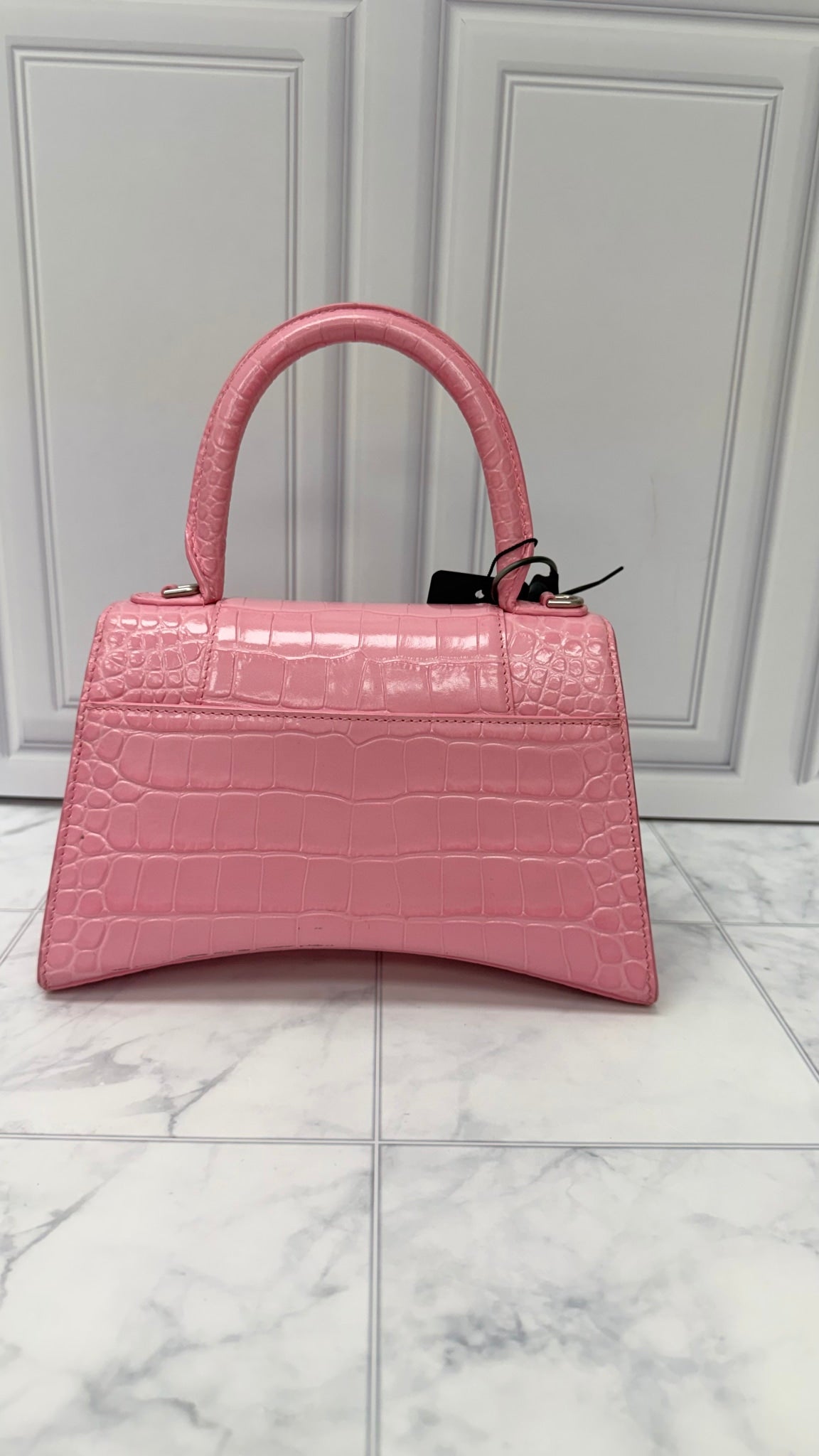 Balenciaga Pink Croc Embossed Leather Hourglass Top Handle Bag 