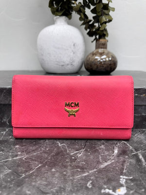MCM Hot Pink Saffiano Leather Trifold Long Wallet