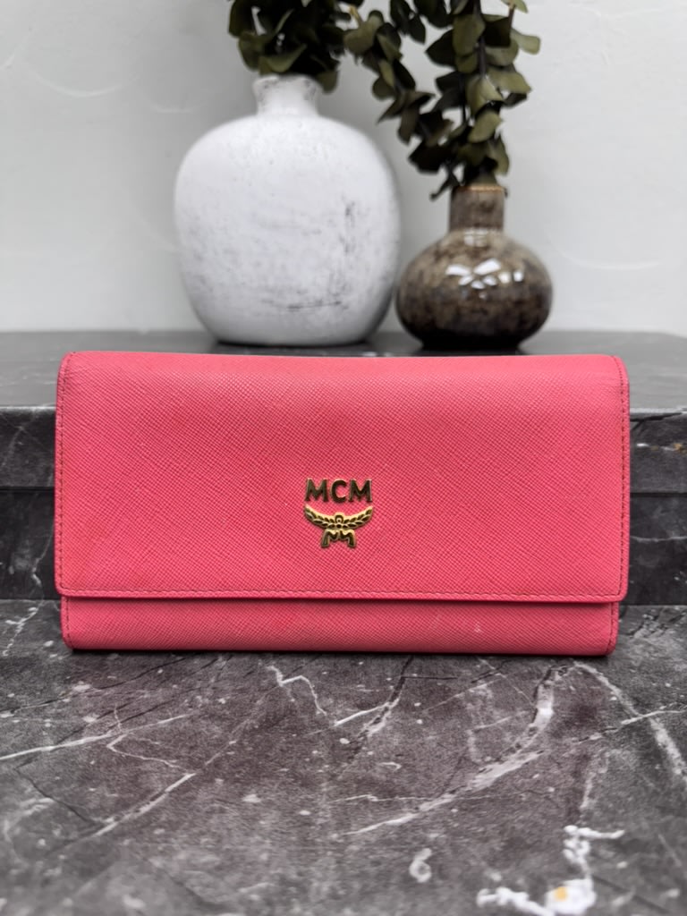 MCM Hot Pink Saffiano Leather Trifold Long Wallet