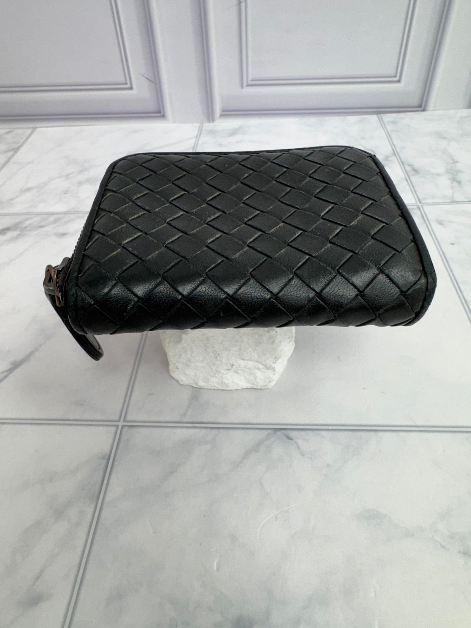 Bottega Veneta Black Intrecciato Leather Compact Zippy Wallet