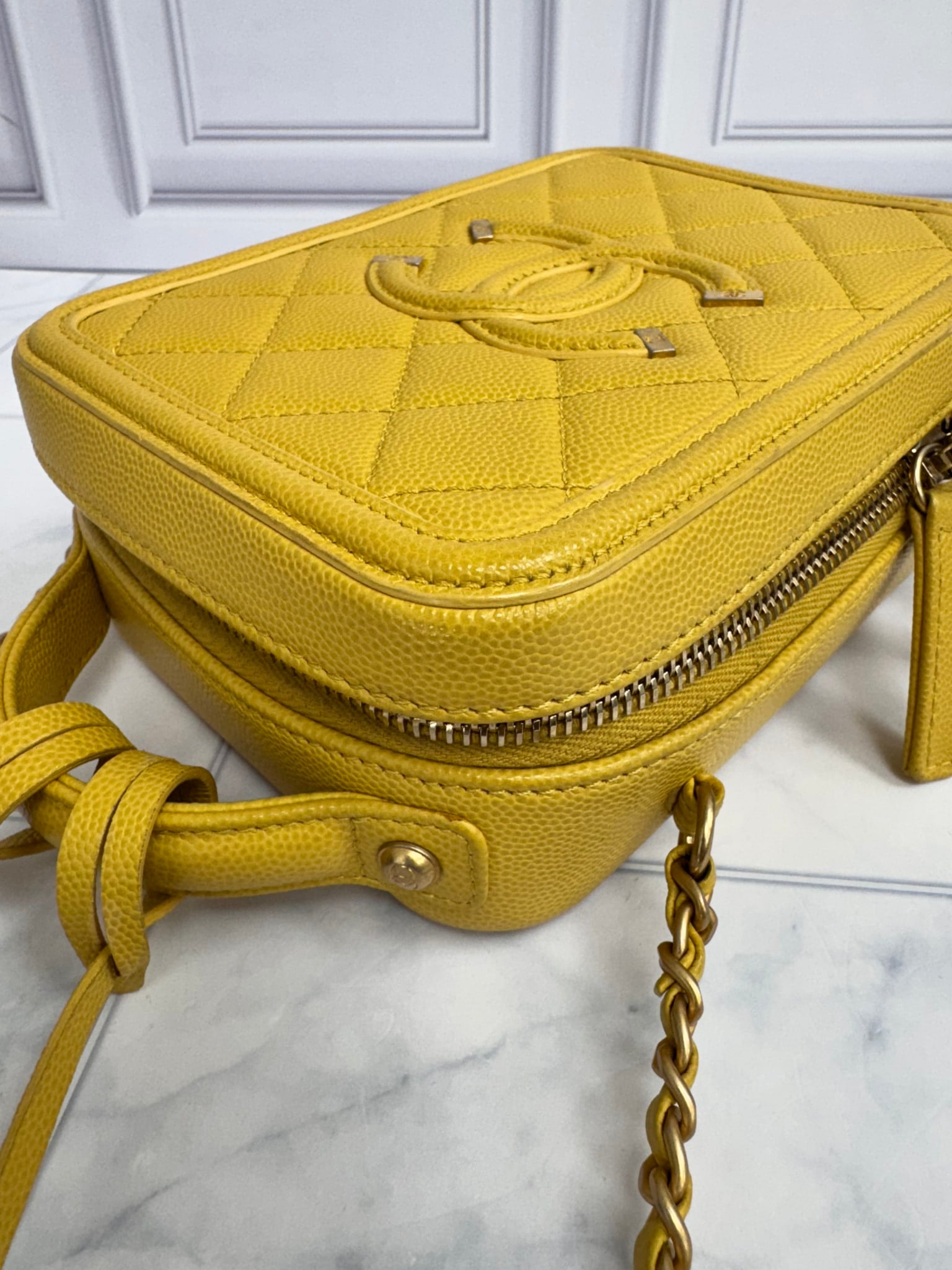 Chanel Yellow Caviar Quilted Filigree Vertical Vanity Case 