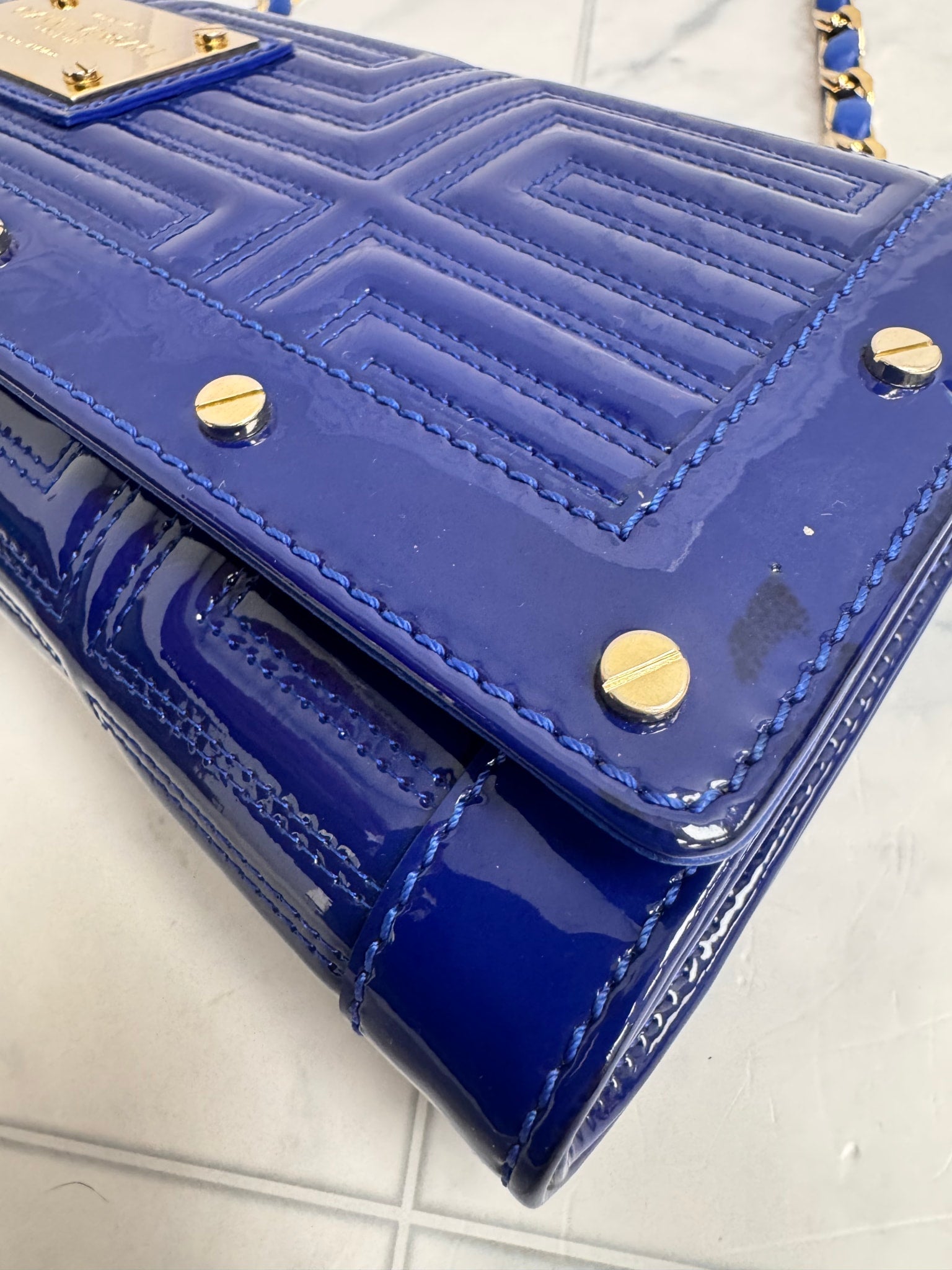 Versace Blue Quilted Patent Leather Flap Chain Shoulder Bag