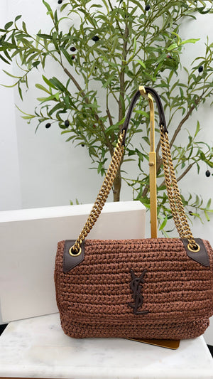Saint Laurent YSL Brown Raffia Niki Medium Shoulder Bag