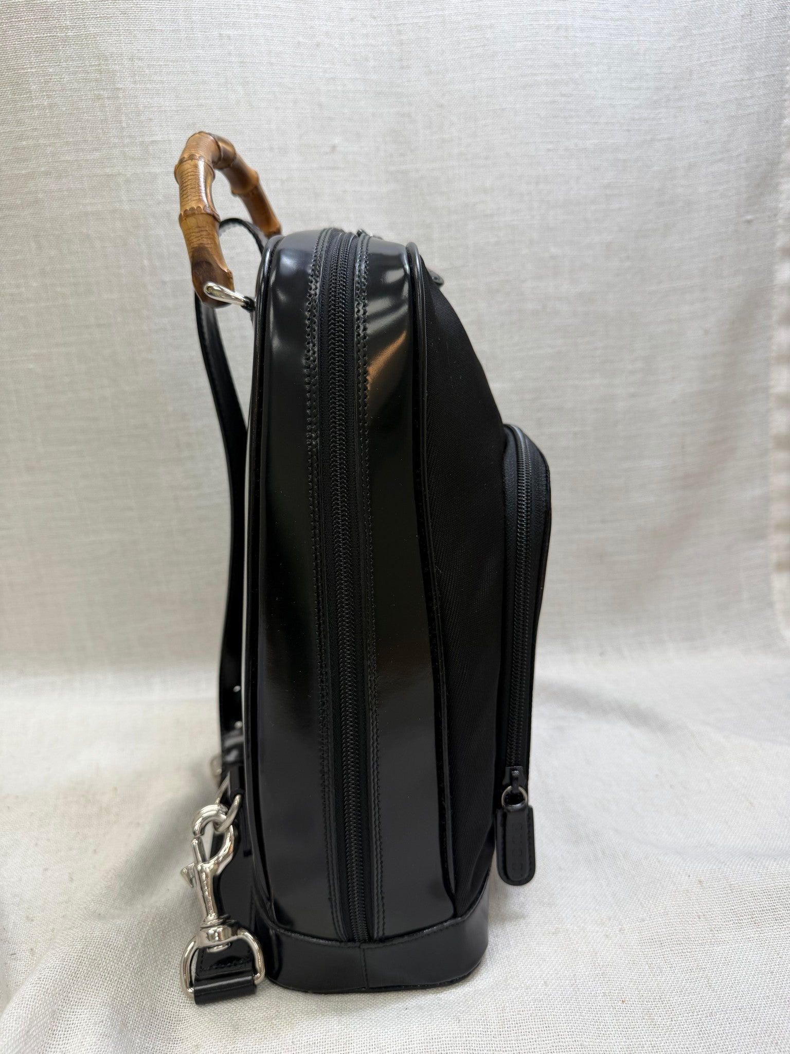 Gucci Black Nylon And Patent Leather Bamboo Sling Backpack