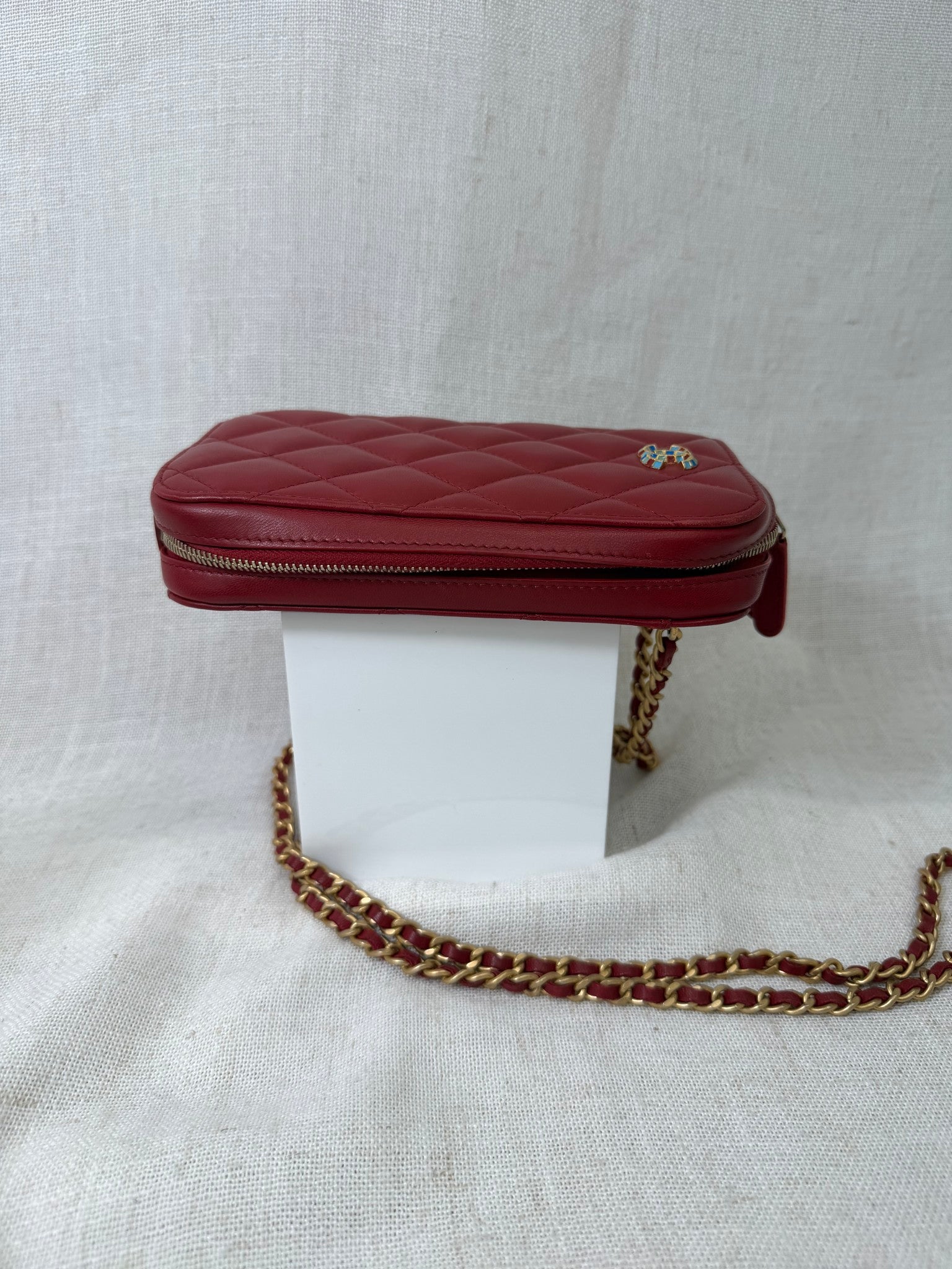 Chanel Red Quilted Lambskin Leather Chain Phone Holder  
