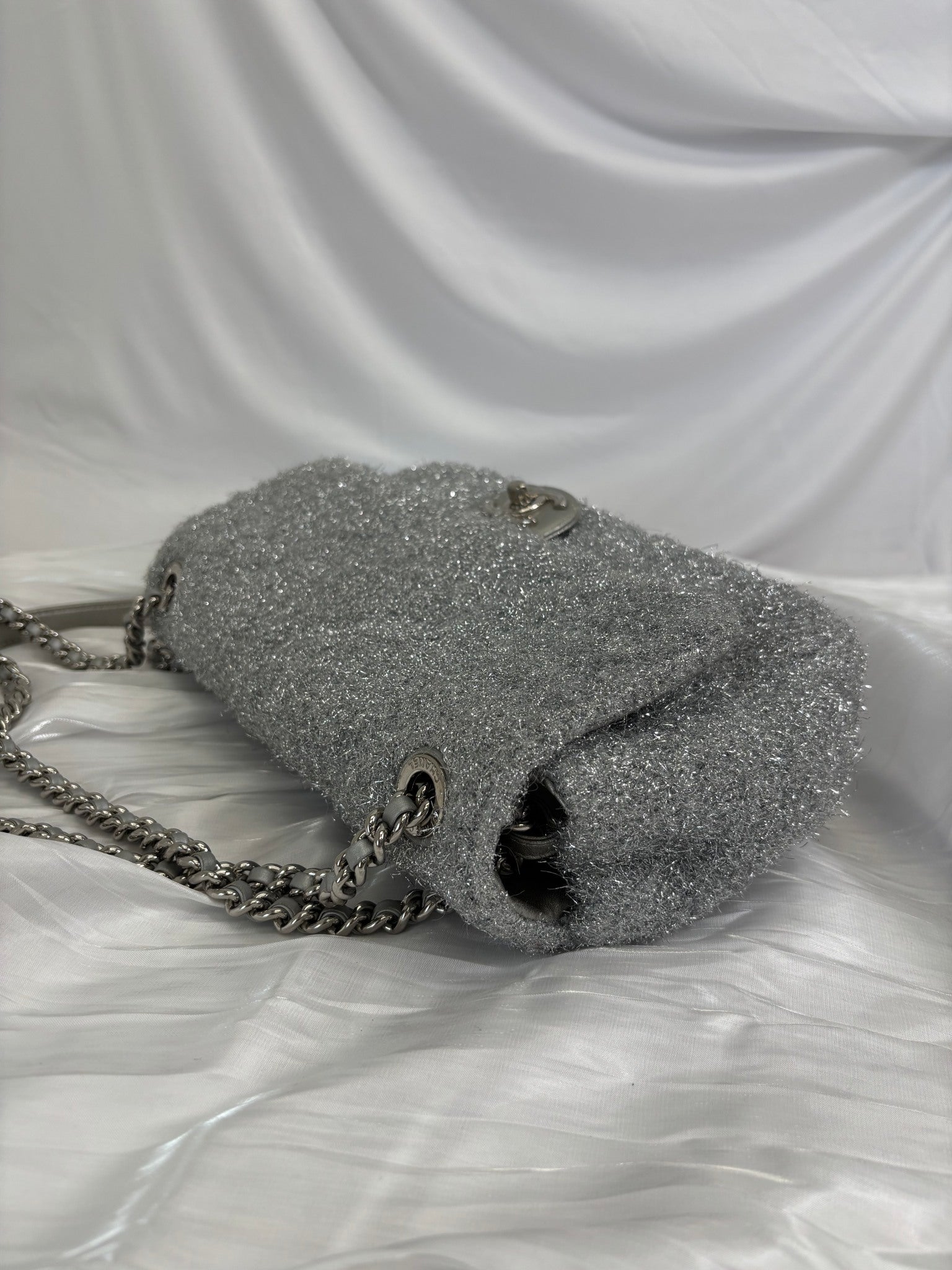 Chanel Silver Knit Pluto Glitter Classic Flap Medium