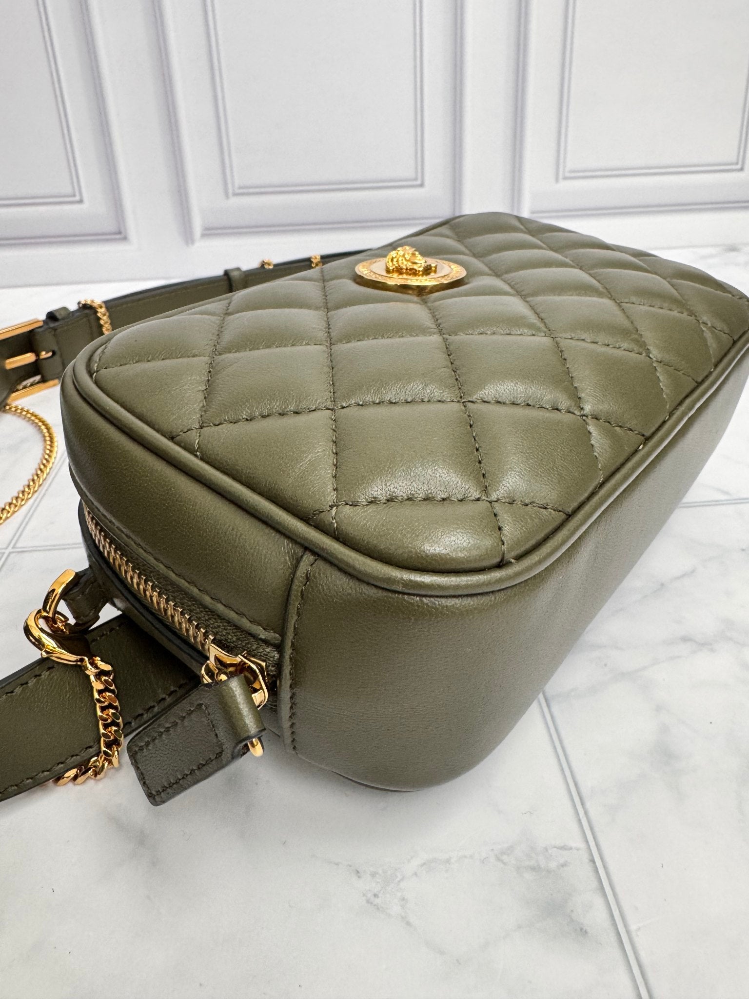 Versace Dark Green Quilted Leather Medusa Head Belt Bag