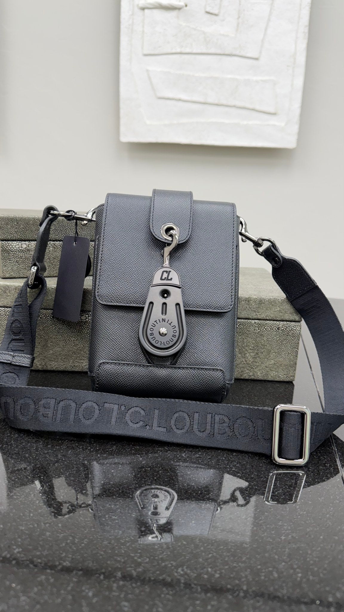 Christian Louboutin Black Grained Leather Crossbody Bag
