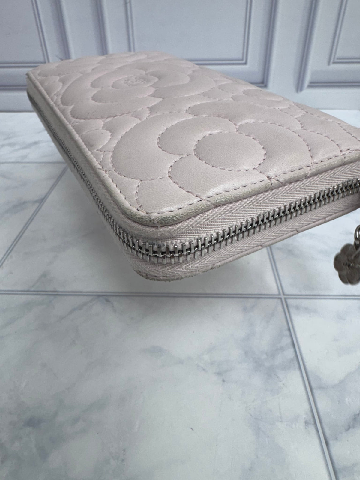 Chanel Pink Camellia Embossed Calfskin Leather Zippy Wallet