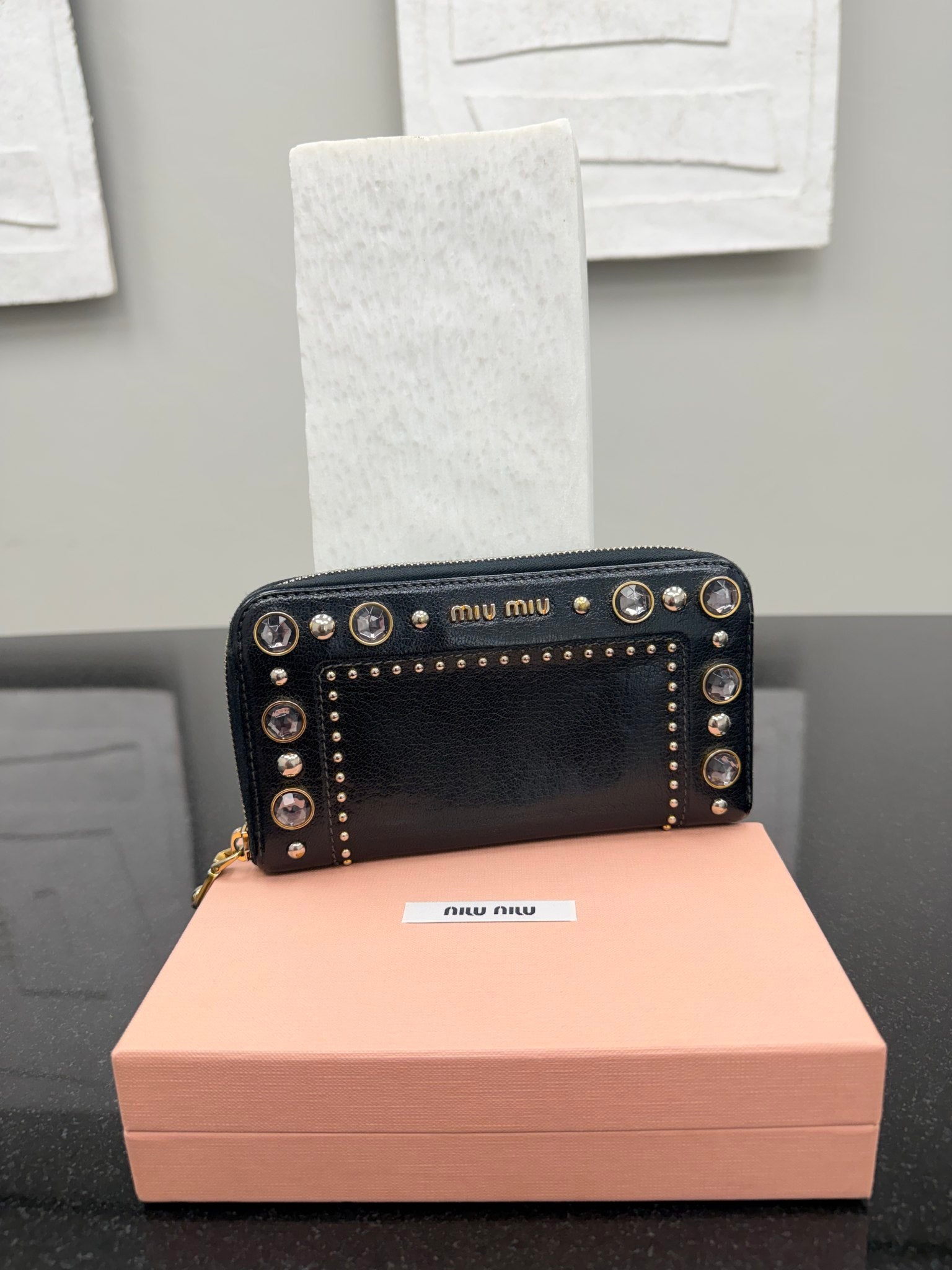 Miu Miu Black Leather Crystal Studded Zippy Wallet 