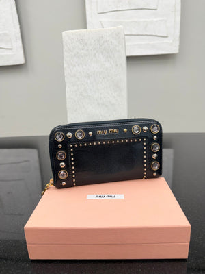 Miu Miu Black Leather Crystal Studded Zippy Wallet