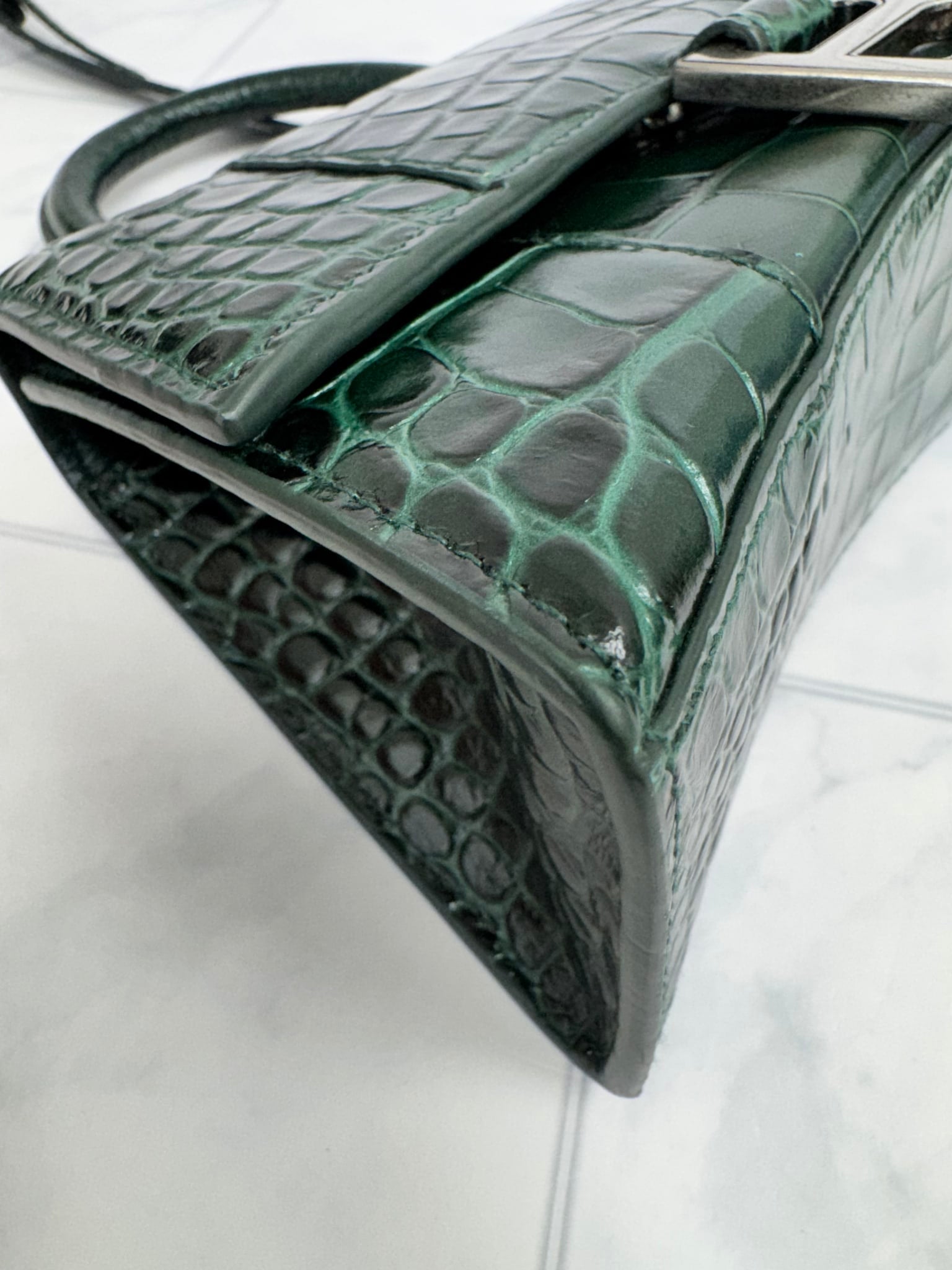  Balenciaga Dark Green Croc Embossed Leather XS Hourglass 2Way Bag 