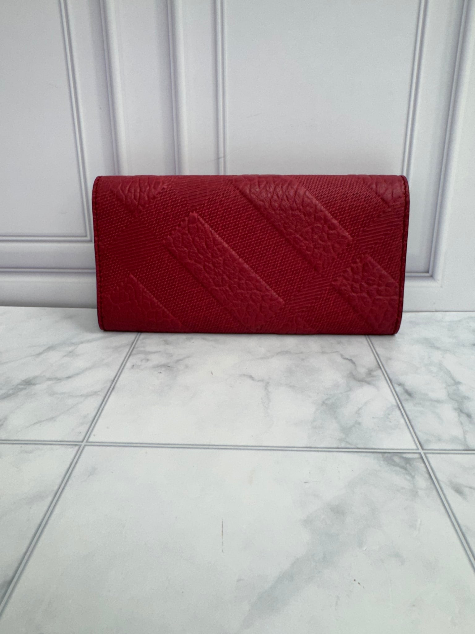 Burberry Burgundy Embossed Check Leather Porter Long Wallet