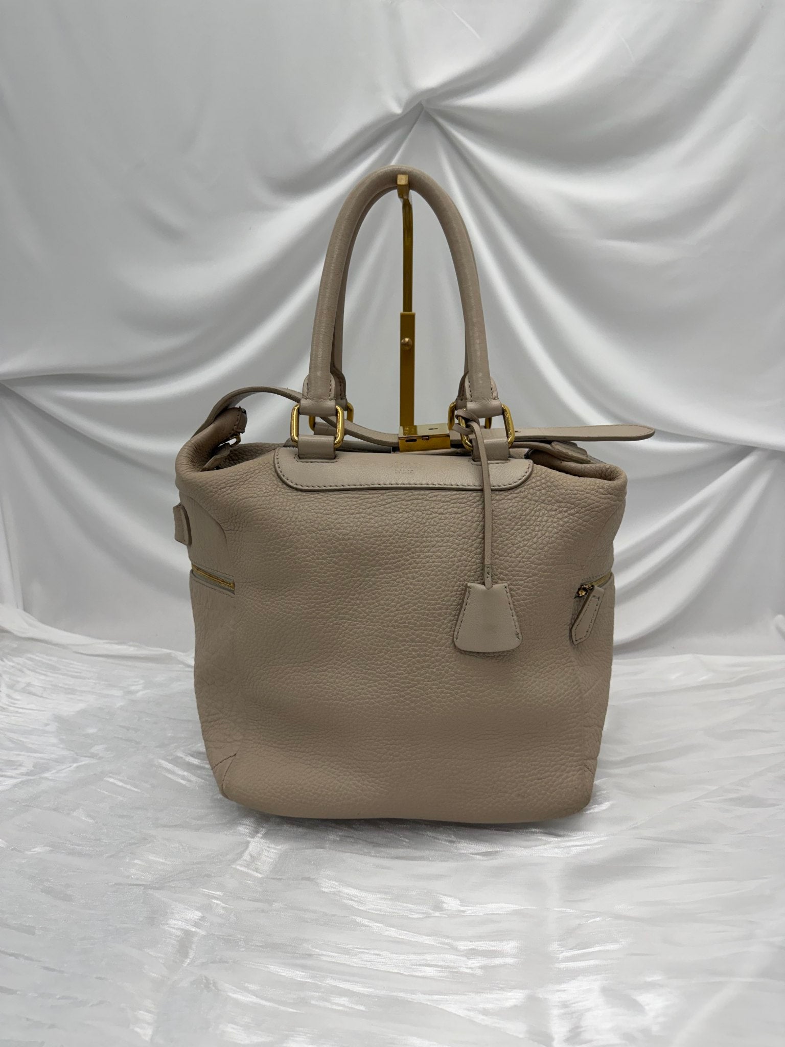 Celine Cream Pebbled Leather Top Handle Lock Bag