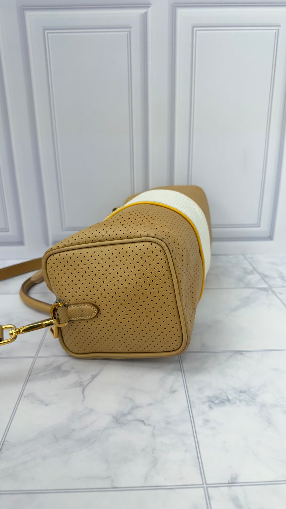 Prada Beige And White Perforated Saffiano Leather Boston Bag
