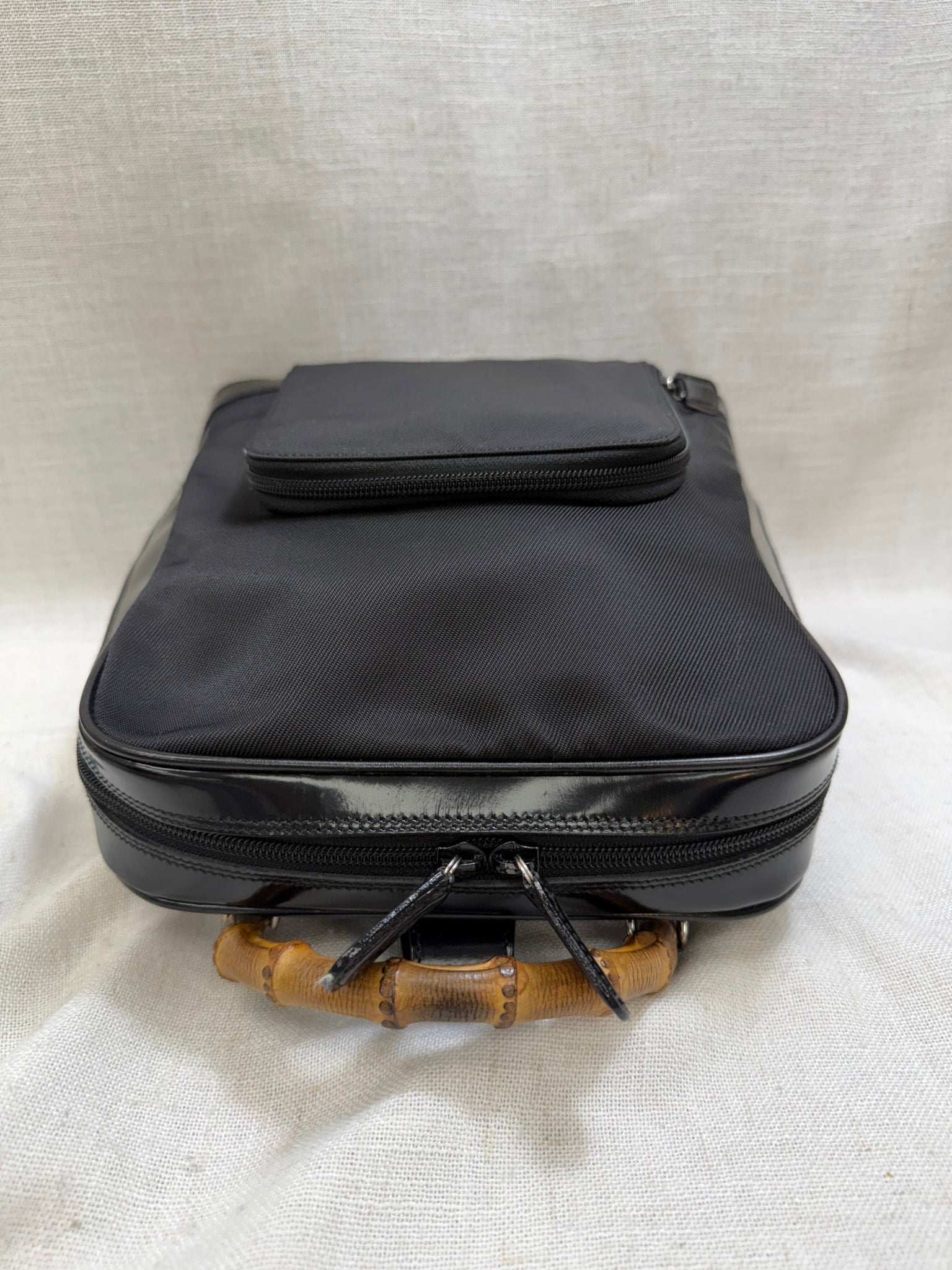 Gucci Black Nylon And Patent Leather Bamboo Sling Backpack